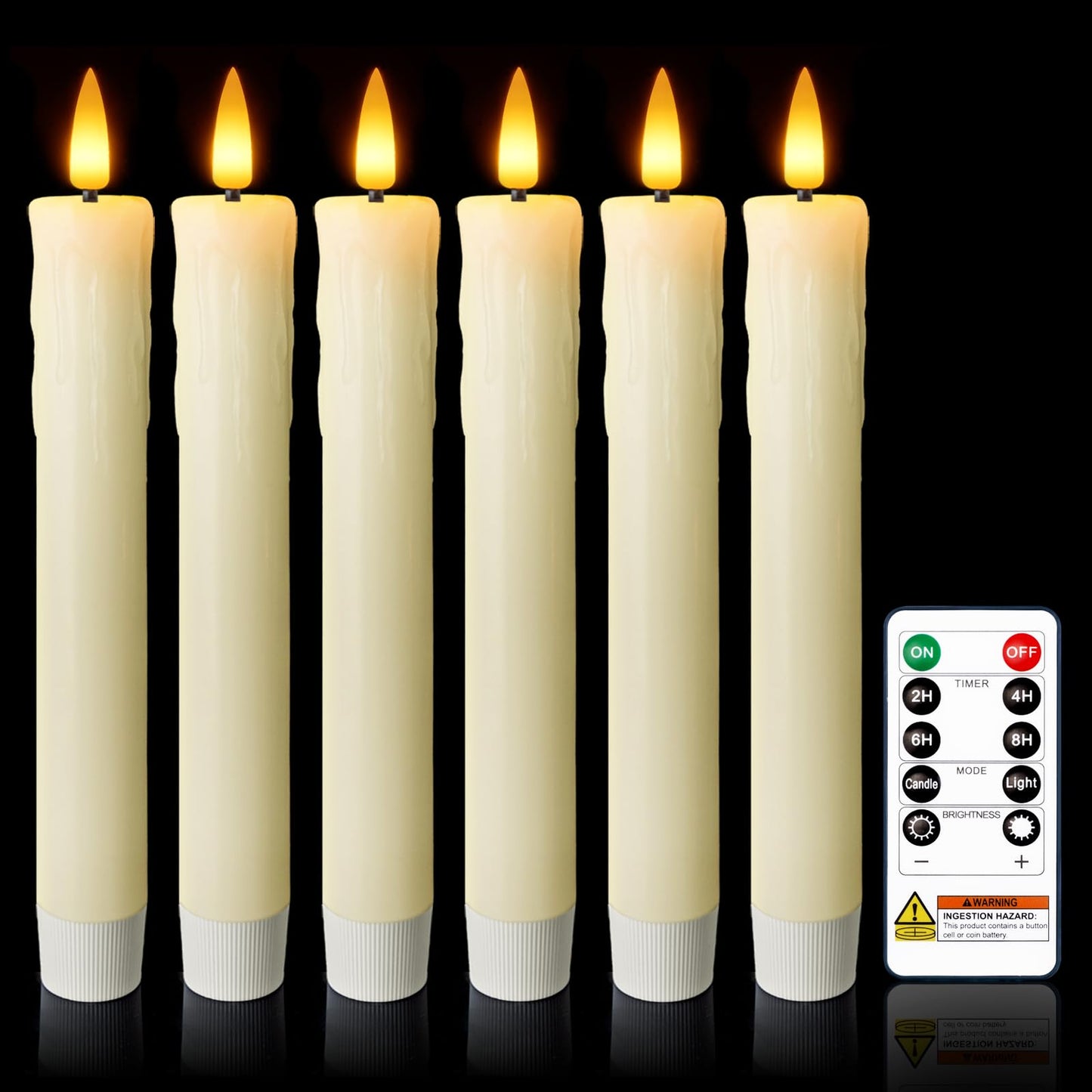 Meigic 7 Inches Dripless Flameless Taper Candles with Remote Timer Dimmer, Real Wax Battery Candlesticks, 3D Flame Fake Candlesticks for Home Wedding Christmas Decor, Ivory, 6 Pcs