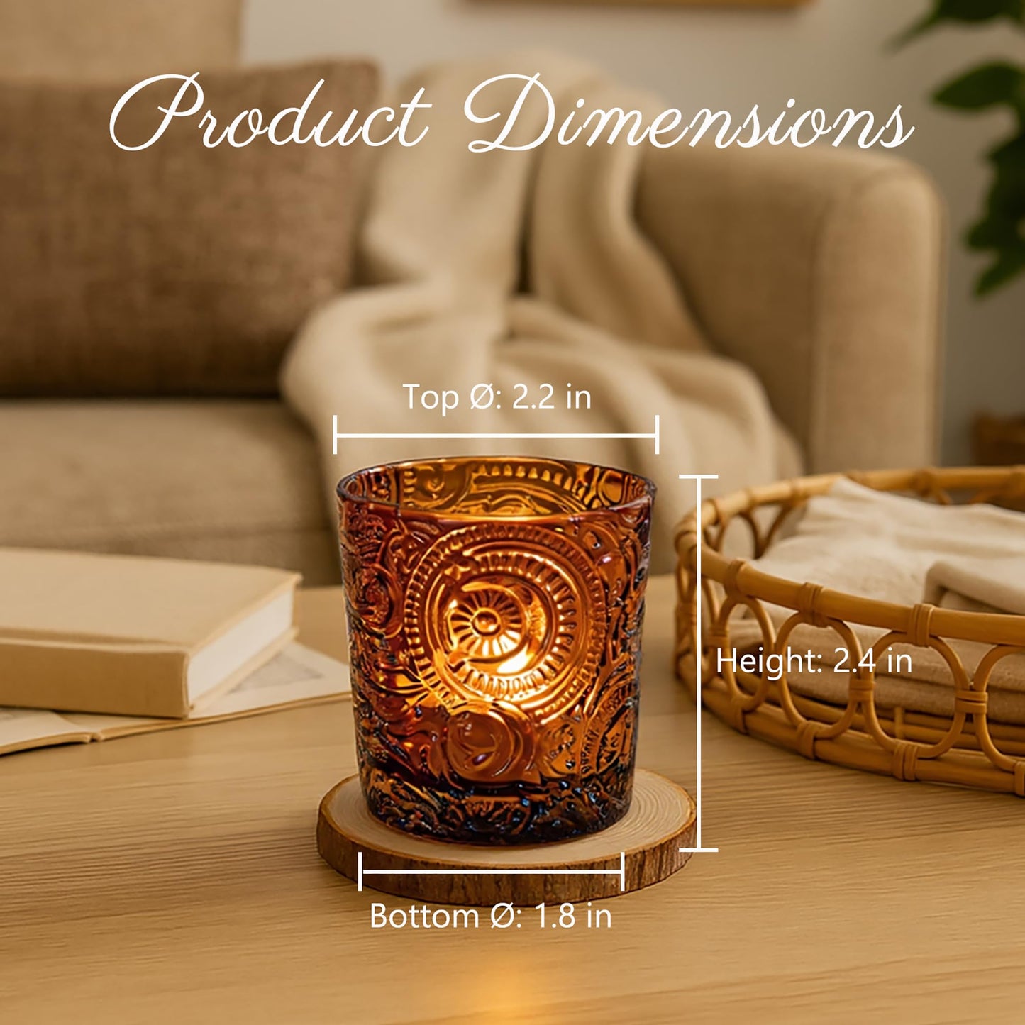 6 Pack Sun Moon Star Embossed Glass Tea Light Candle Holders - Votive Candle Holders for Wedding, Party, Home Decor, and Table Centerpieces (Chestnut Brown)
