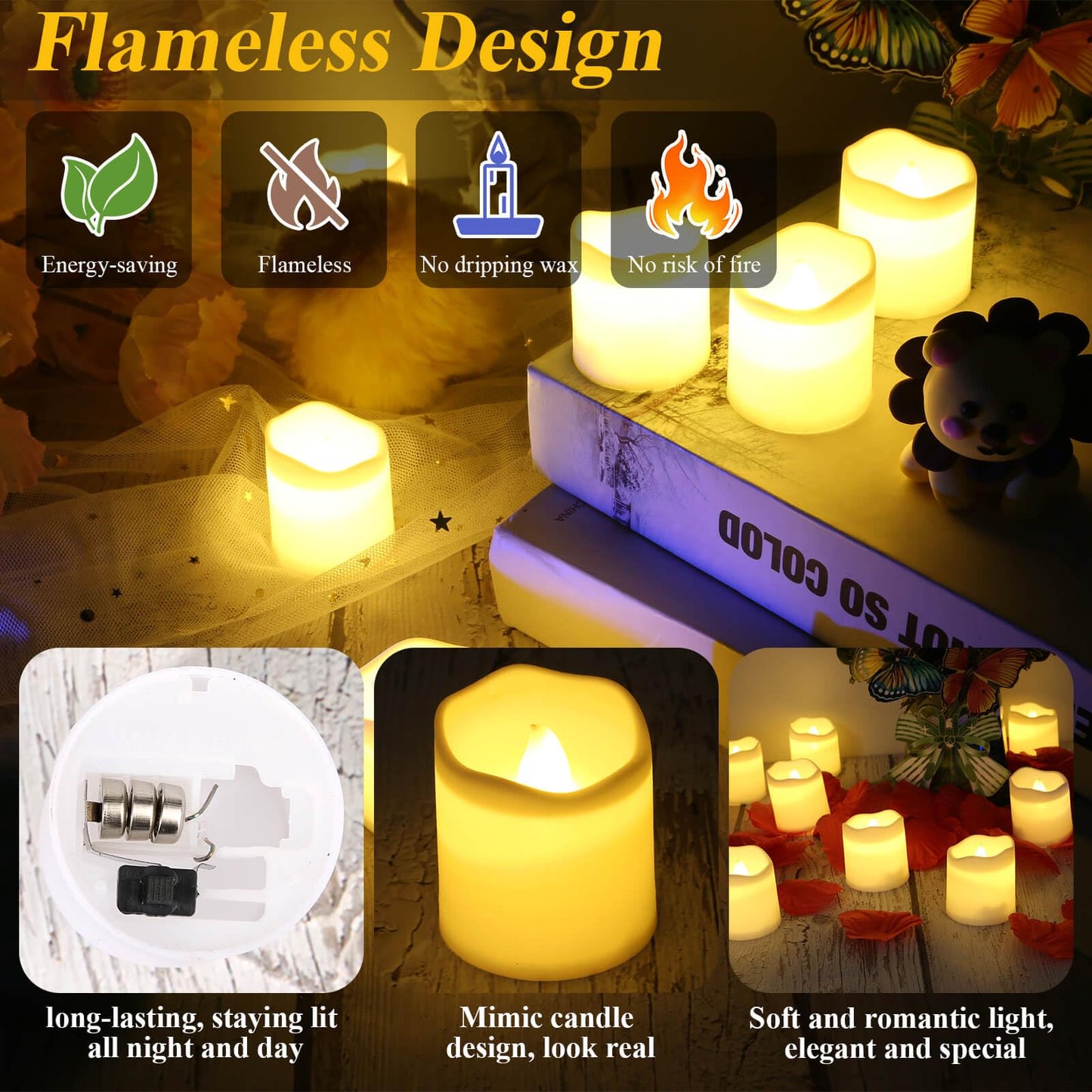 cridoz Rose Petals and Candles Set, 3000 Fake Rose Pedals and 24 Flameless Candles for Romantic Night Decorations