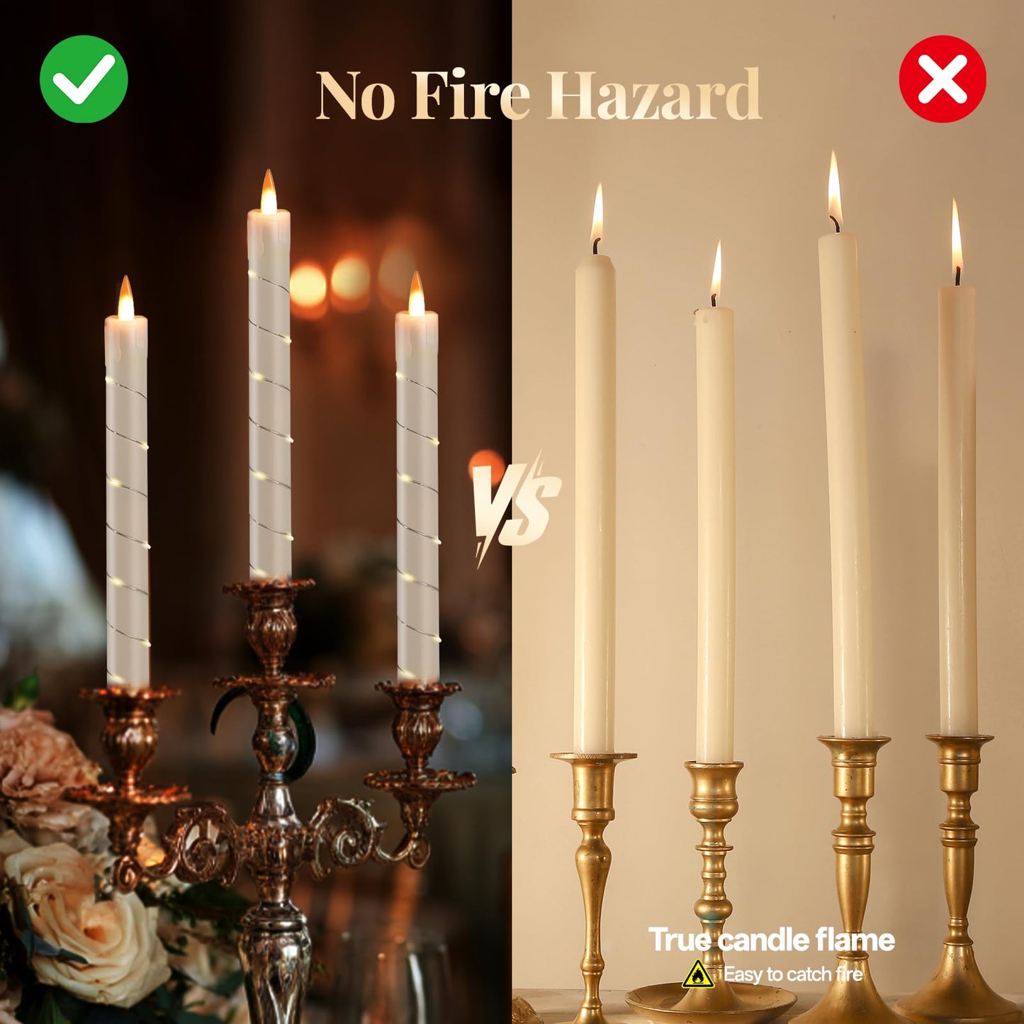 Rlojru 3pcs Flameless Taper Candle with Remote, Battery Powered, Timer, 3 Ivory ABS Candlesticks, 11 Mini Surround String Lights, 9.4 Inch LED Candles for Wedding, Birthday Party, Prom, Home Decor