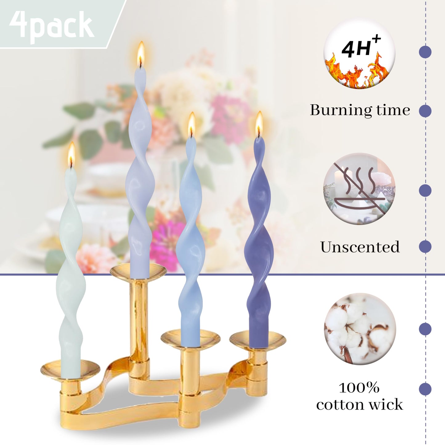 Smokeless Gradient Blue Spiral Taper Candle 10 Inch Unscented Candlesticks Handmade Long Twisted Candles for Wedding Church Home Decor Gifts 4 Pcs