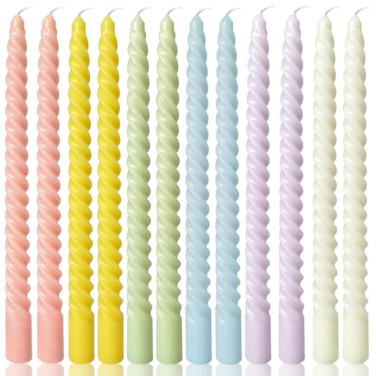10 Inch Cream Spiral Taper Candles for Home Decoration, 12 Pack Candy-Color Candlesticks for Dinner Party Wedding Holiday