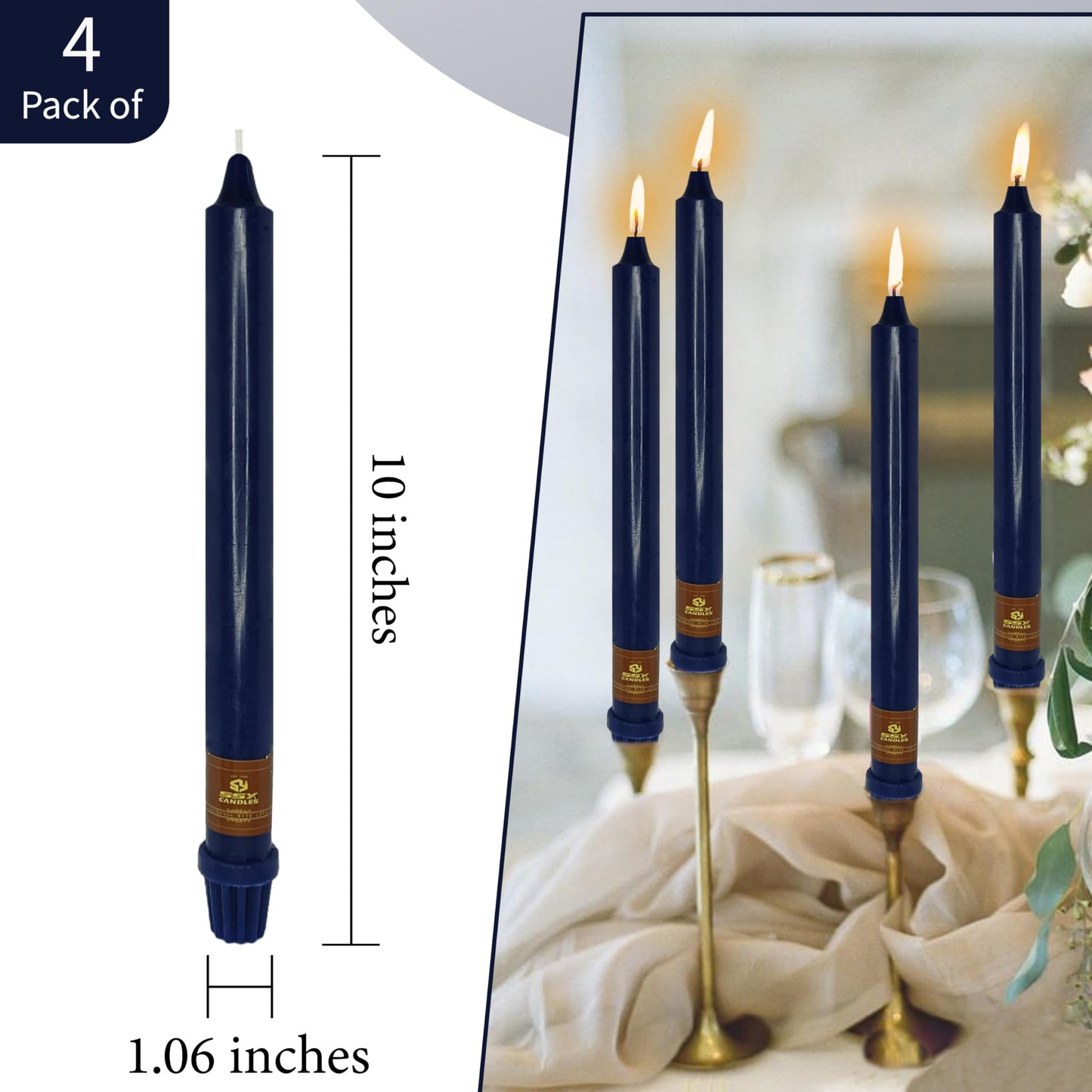 Navy Taper Candle 10 Inch Long Candlesticks Unscented Dripless Tapered Candle Set for Home Decor Wedding Party Dinner Candles, 4 Pack