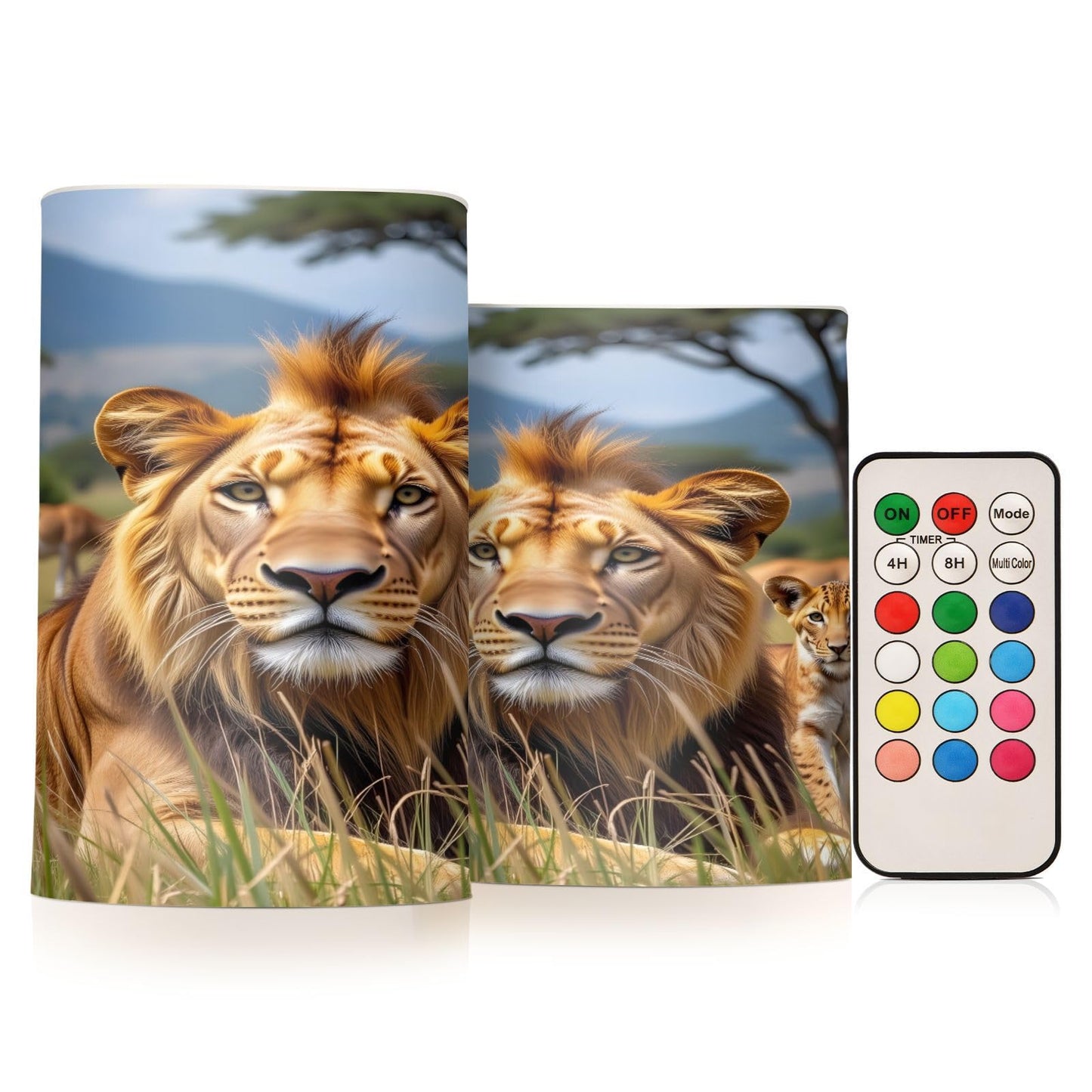ALAZA Lion Leopard Animal Tree Flickering Flameless Candles Pillar Led Candles Battery Operated Candles with Remote and Timers Set of 2