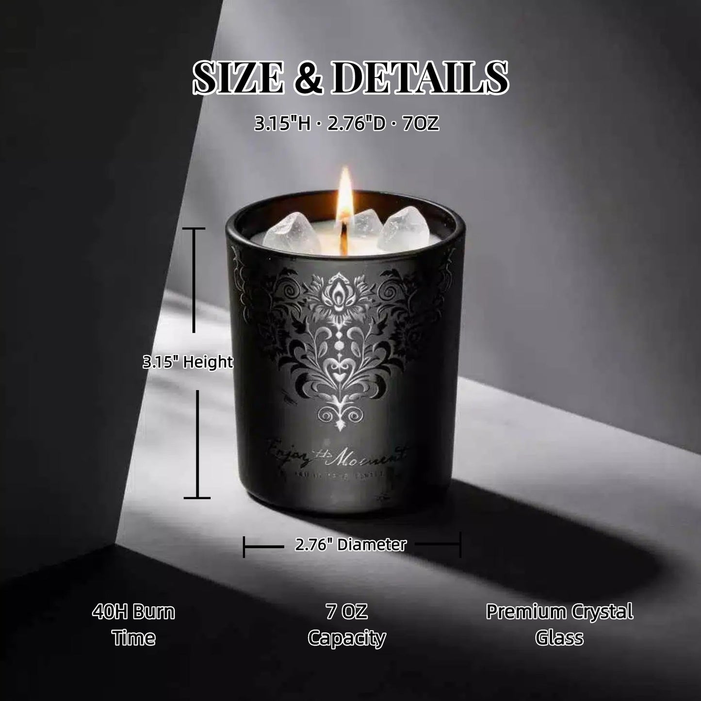 Luxury Black Crystal Candle Gift Set for Men 3 Pack 7oz Soy & Beeswax Candles with Real Natural Crystals, Zinc Alloy Lids & Wick Trimmer, 120H Burn Time, Masculine Woodsy Home Fragrance