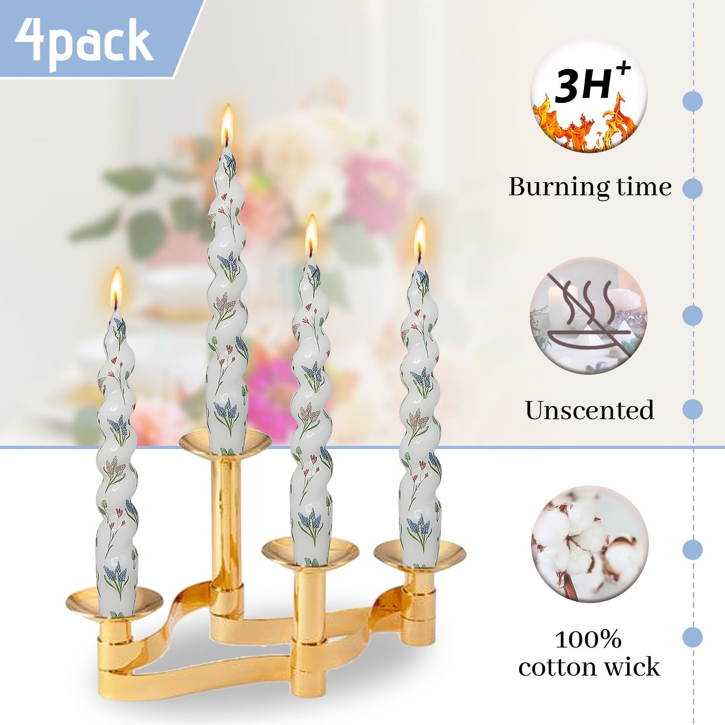 Printed Taper Candle Hyacinth Floral Spiral Candle Sticks 7.5 Inch Short Candlestick Handmade Twisted Candles for Home Wedding Holiday Decor Gifts Set of 4