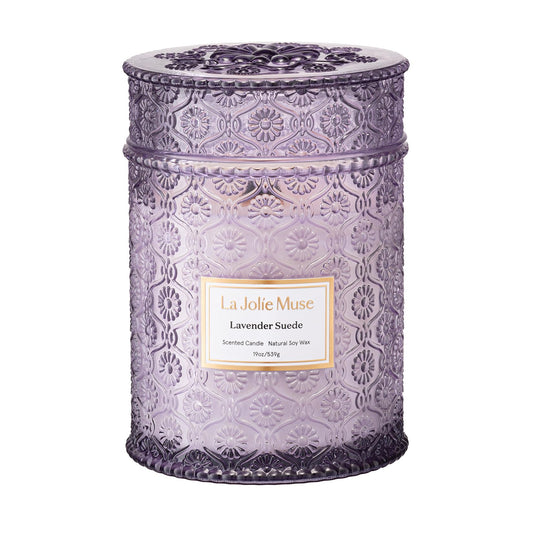 LA JOLIE MUSE Lavender Suede Scented Candle for Home |19 oz Non Toxic Soy Wax | Large Purple Jar Candle | Aromatherapy Candles | Luxury Gifts for Women & Men