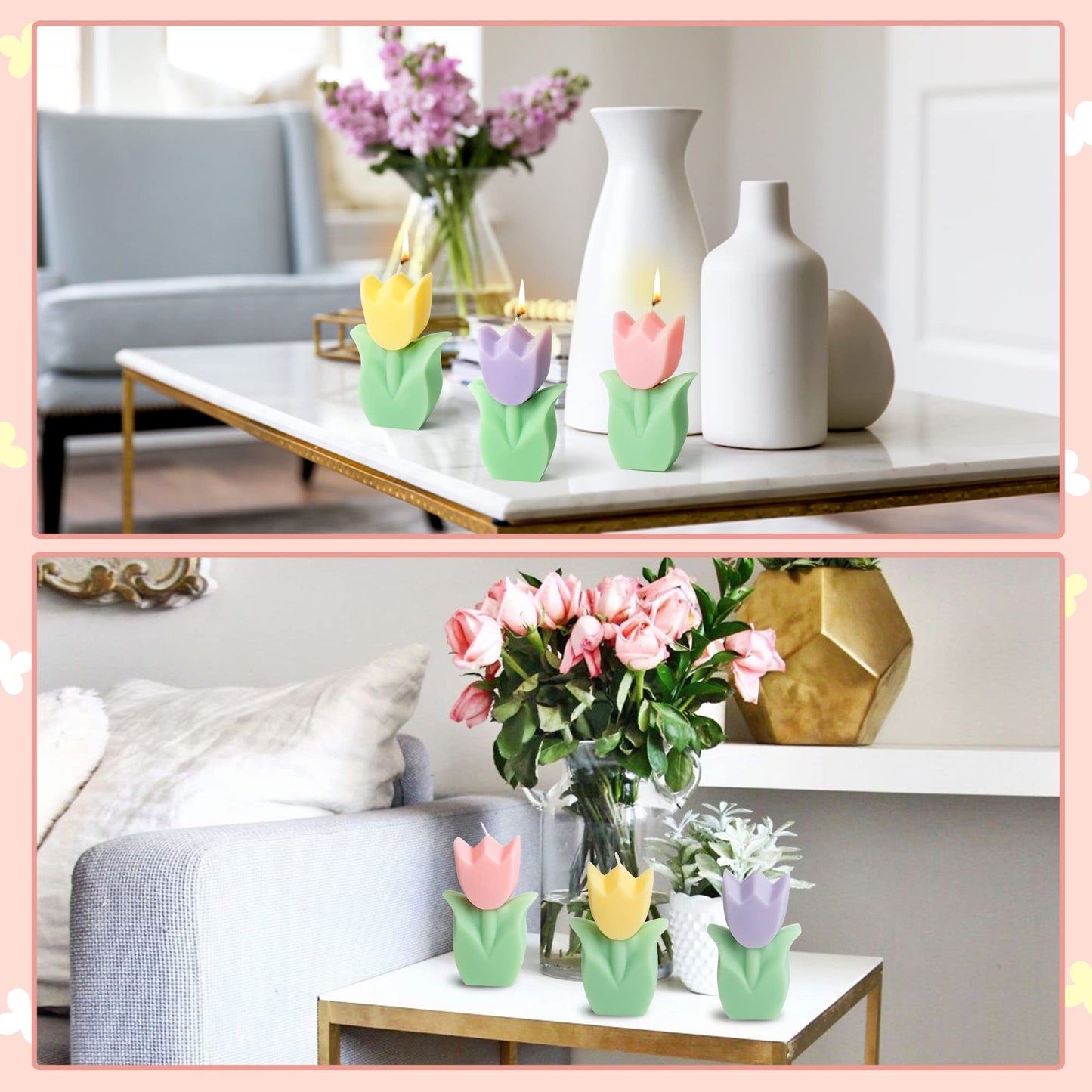 COcnny 3pcs Tulip Candle Decor, Tulip Shaped Scented Candles Decorations, Flower Aesthetic Paraffin Soy Wax Aromatherapy Candle Gift for Home Bedroom Birthday Wedding Spring Easter Party