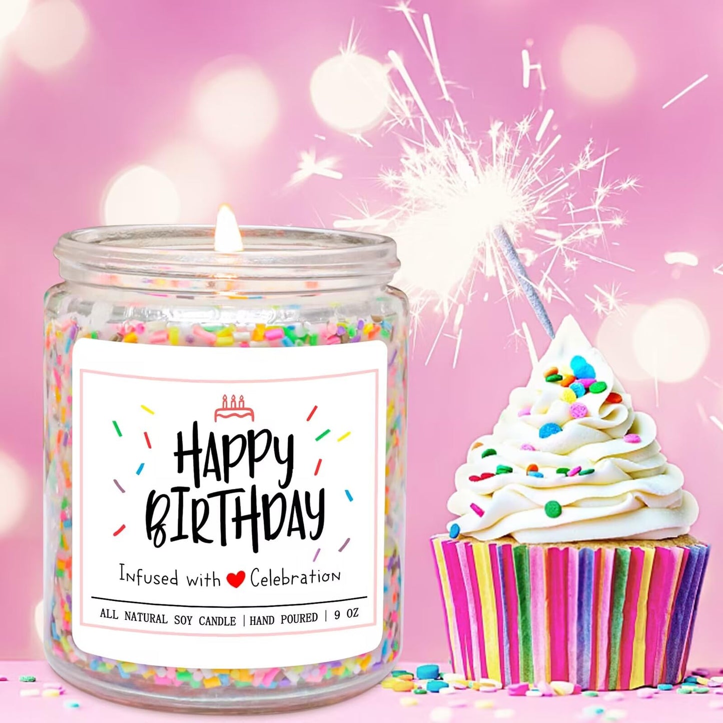 Homsolver Happy Birthday Gifts for Women Unique, Vanilla Cream Scent with Sprinkles Candy Birthday Candles for Her, Handmade Aromatherapy Candle Decor