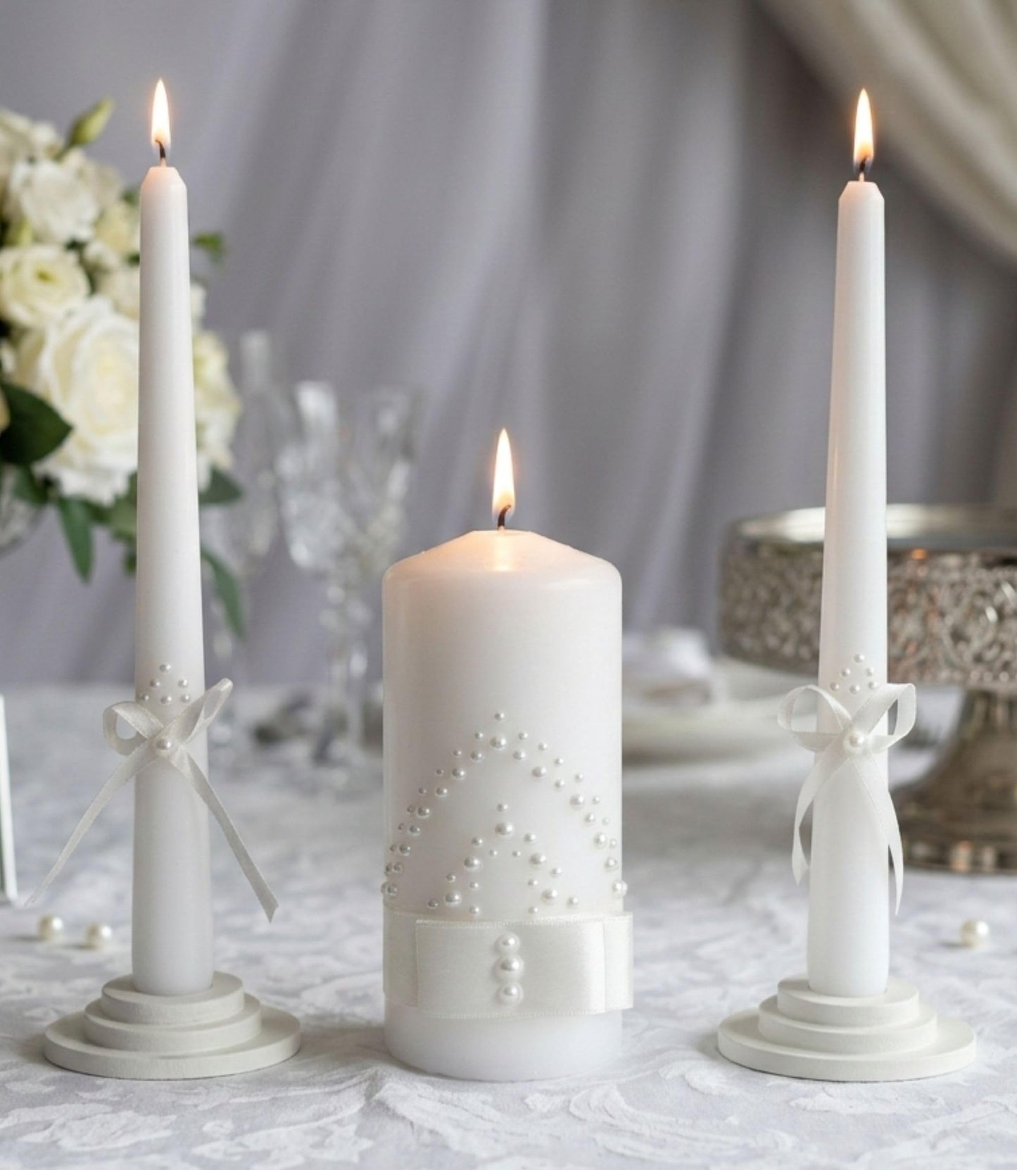 Magik Life Unity Candle Set - Wedding Ceremony & Reception – 6” Pillar & Two 10” Taper Candles – Long Burning Unity Candles for Marriage Ritual – Handmade in USA – White | Satin