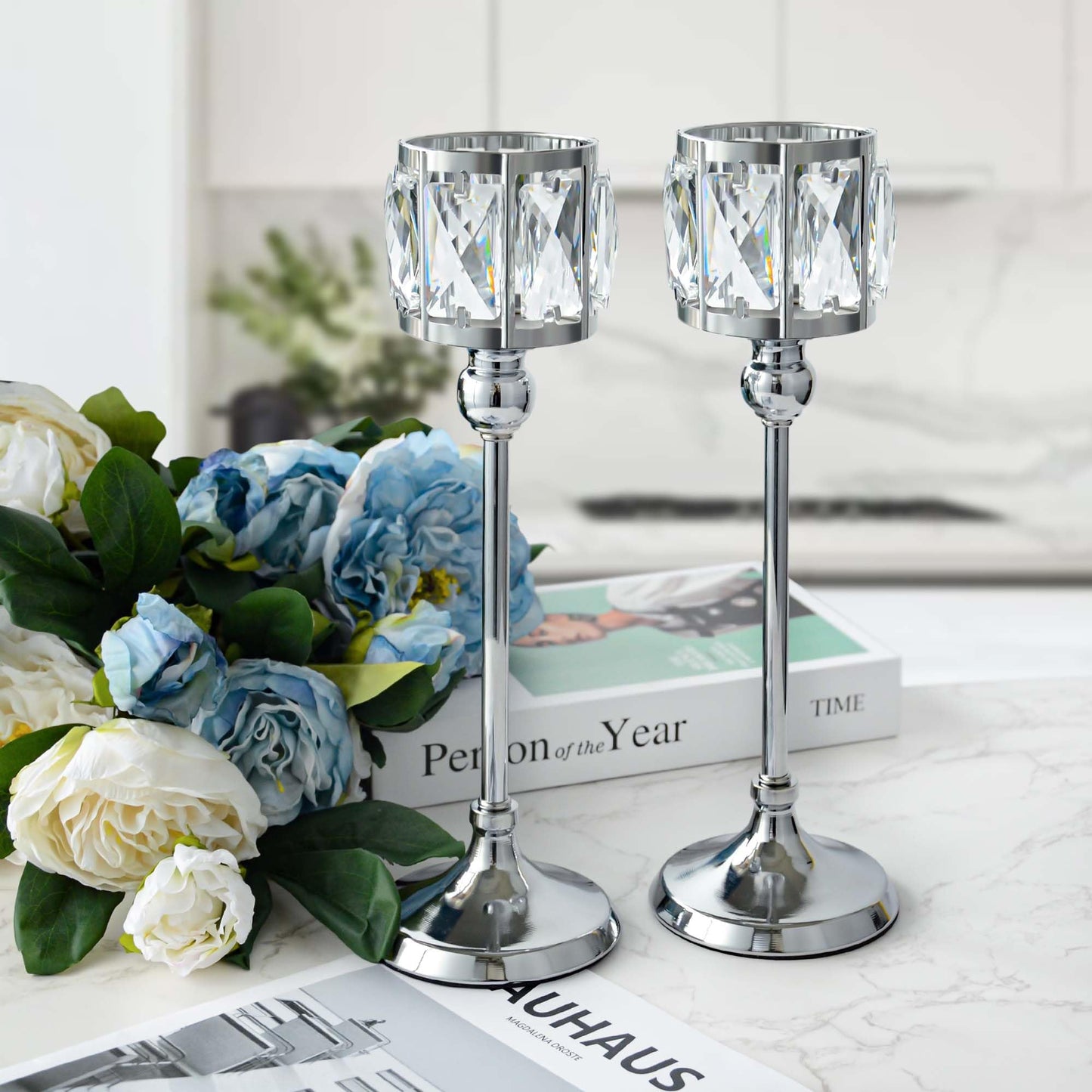 2 Pcs Crystal Bowl Tealight Candelabra Votive Candle Stand, Wedding centerpieces for Tables Crystal Candlestick，Centerpiece Table Decorations (Silver 2PCS)