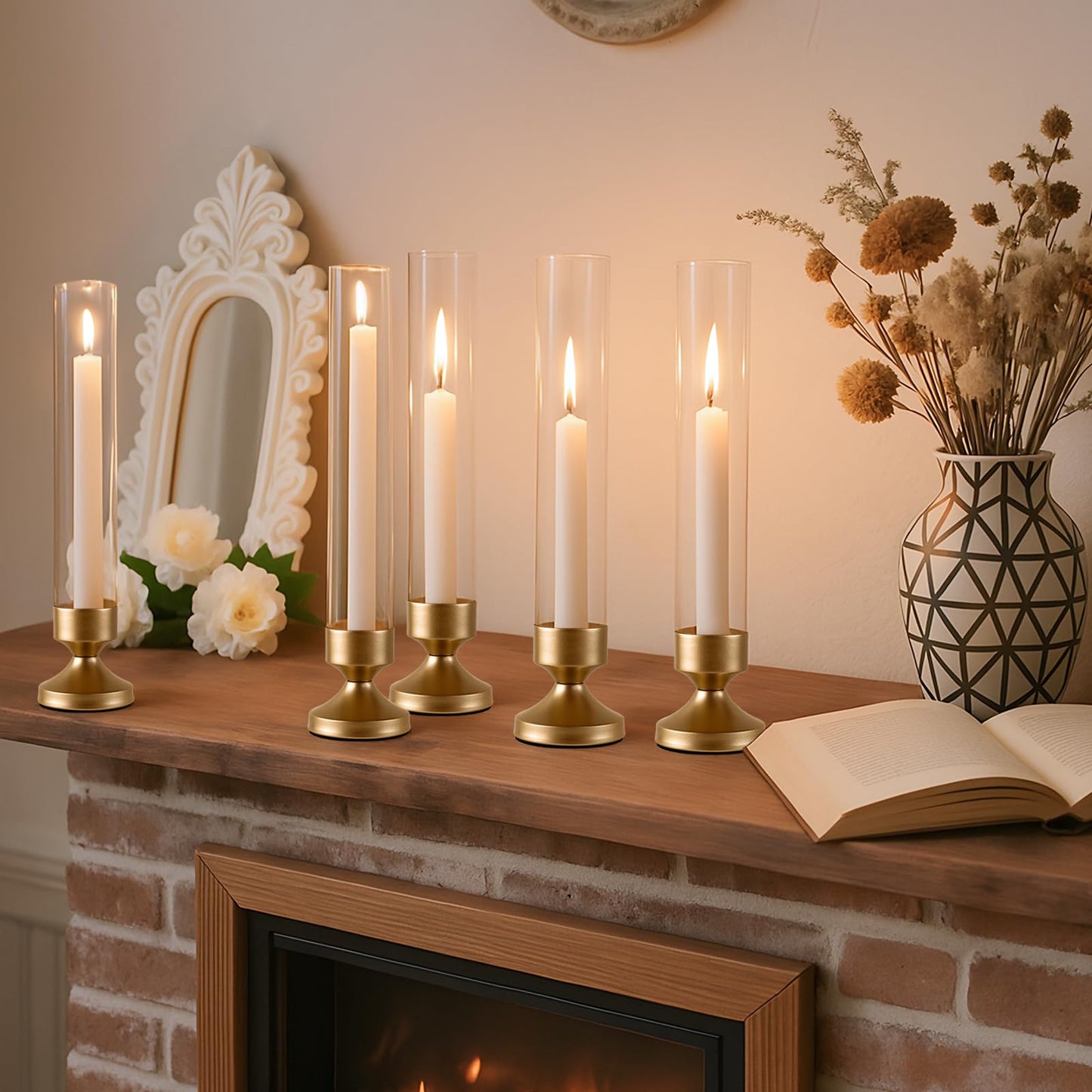Hurricane Glass Candle Holders, Set of 10 Metal Taper Candlesrick Holders for Centerpieces Tall Gold Candle Stands Bulk with Glass Cylinder for Wedding Birthday Party Table Decor