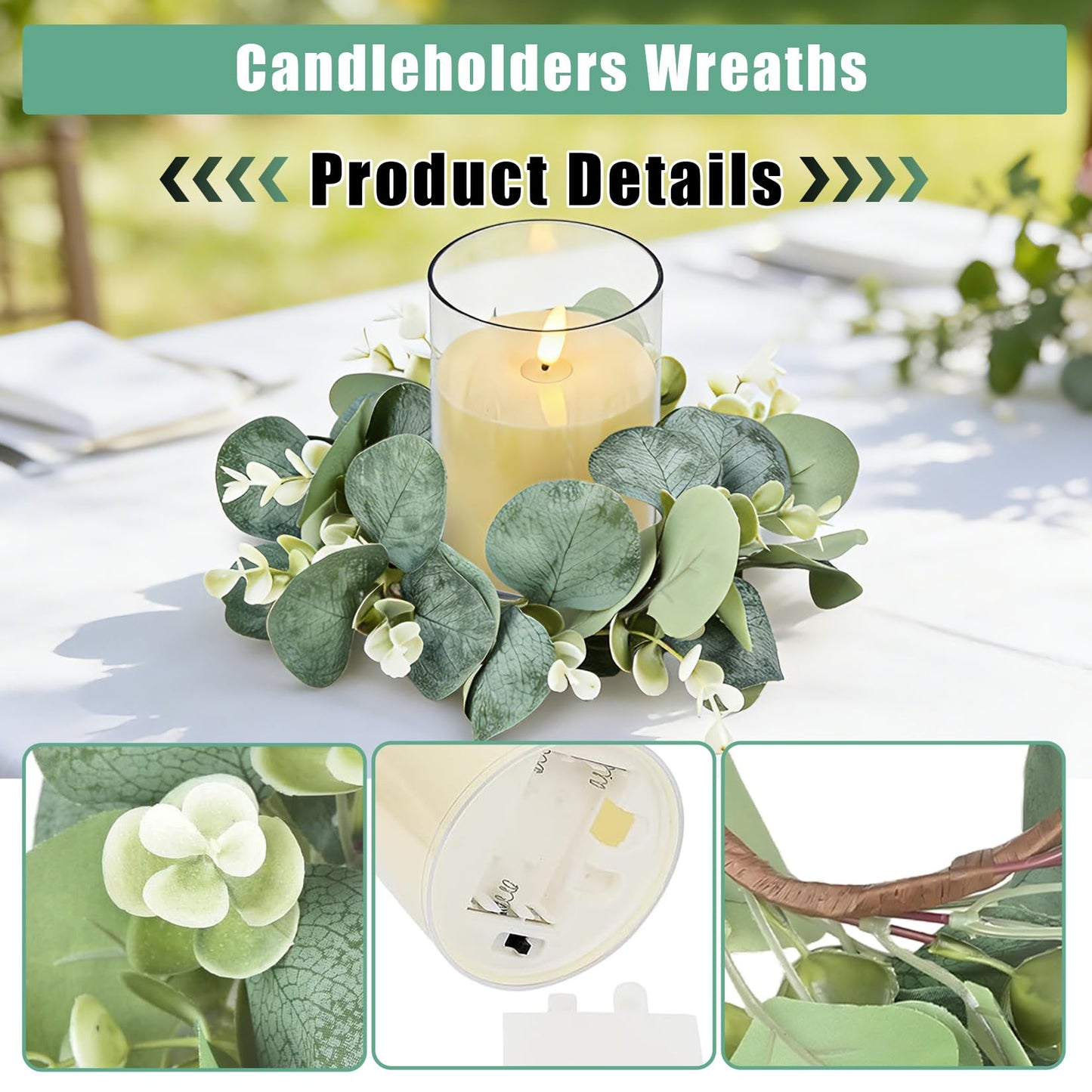 6 Sets LED Candle Rings with Artificial Eucalyptus Wreaths, 4-Inch Center Pillar Candle Holders for Wedding Table Centerpieces, Party Home Decor