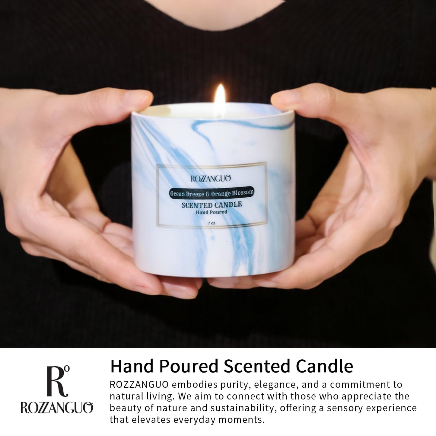 Rozzanguo Luxury Marble Jar Scented Candle | Women Men | Non Toxic 100% Natural Coconut & Soy Wax Blend Cotton Wick | Hand Poured Highly Scented Long Lasting (Ocean Breeze & Orange Blossom, 7 Ounces)