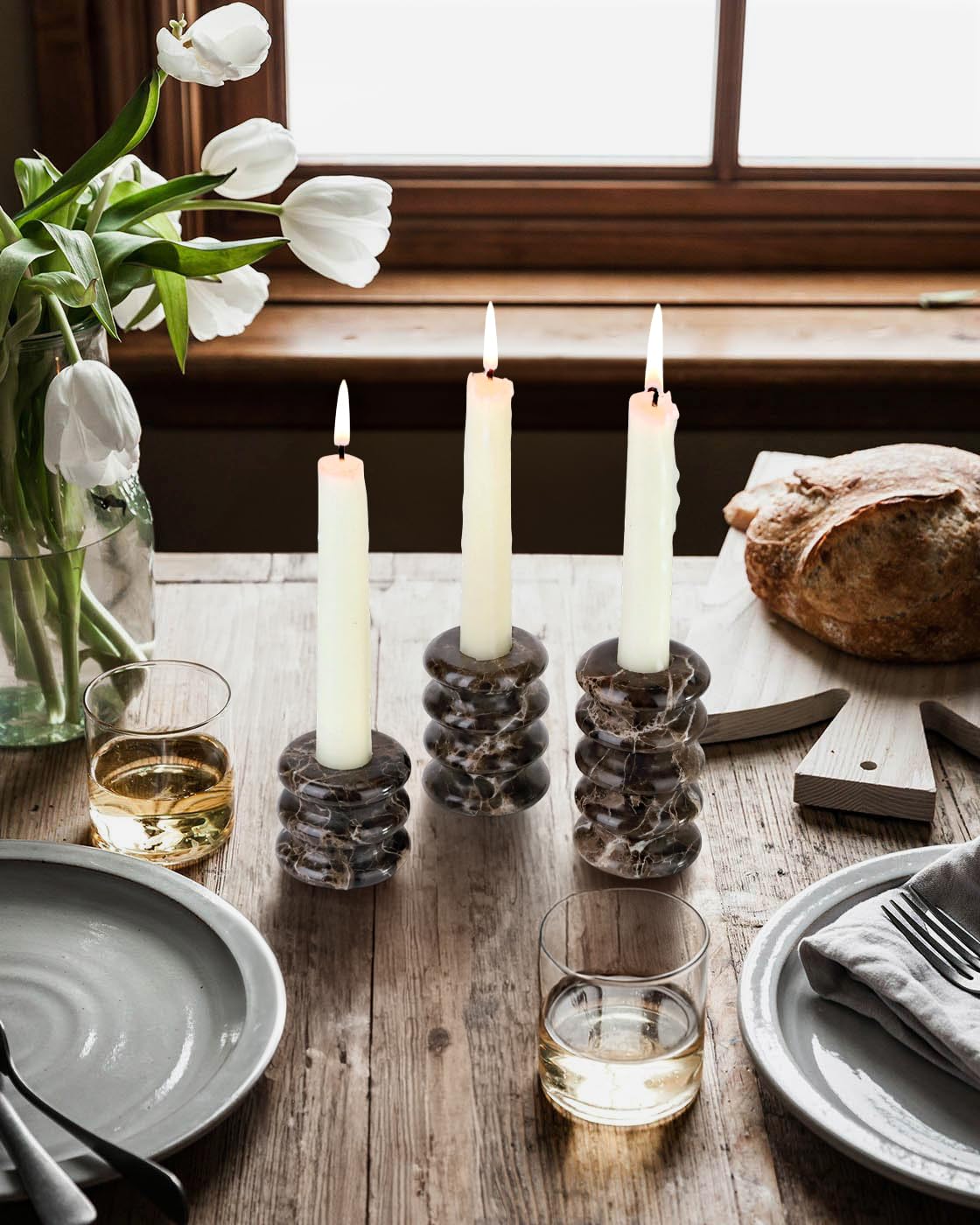 Vixdonos Marble Candle Holder Set of 3 Taper Candle Candlestick Mantle Candle Stand for Home Decor,Wedding,Party and Table Centerpieces(Brown)