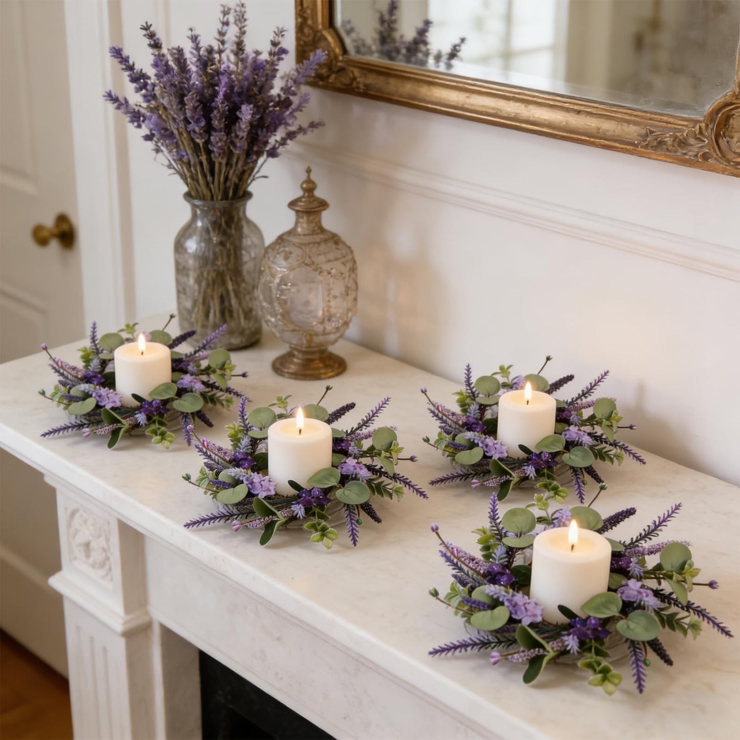 6 Pcs Small Lavender Candle Ring Wreaths Mini Pillar Candle Holder Wreath with Violet Hydrangea Flowers and Eucalyptus Leaves Artificial Spring Summer Wreath for Home Kitchen Table Cnterpieces