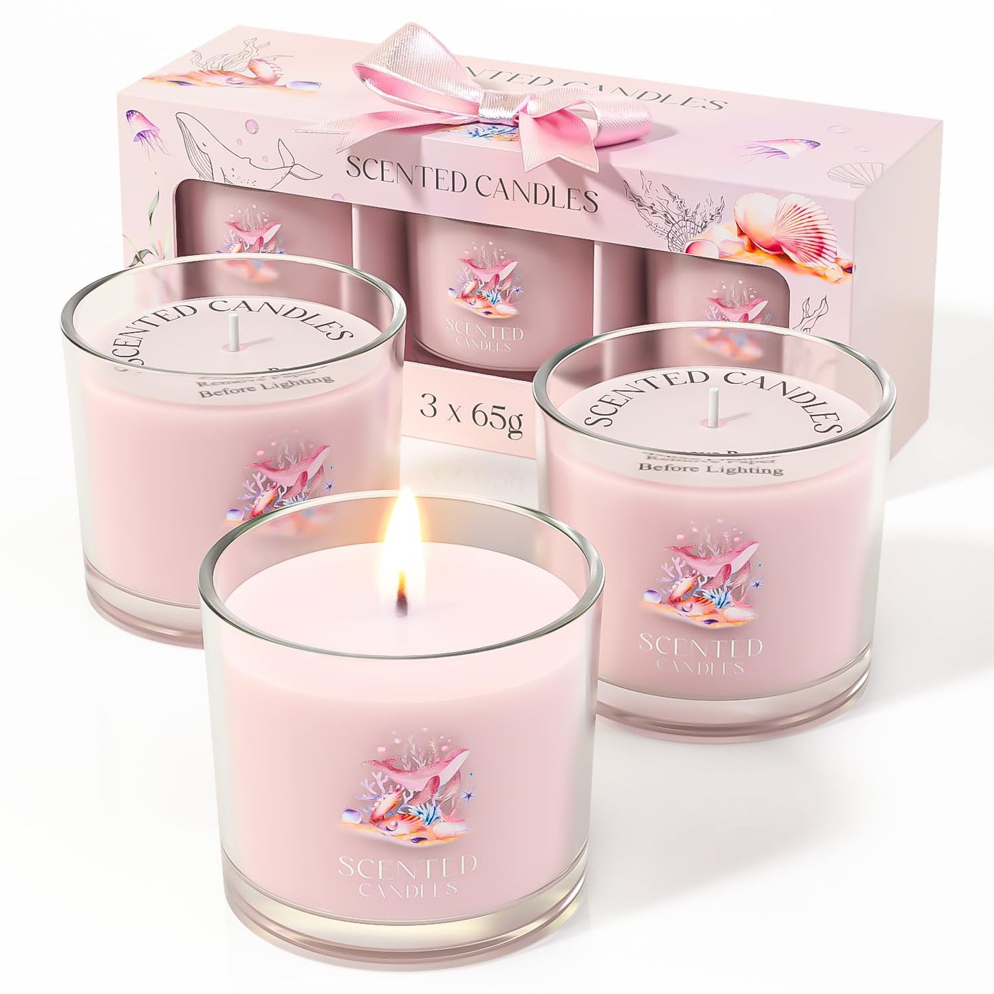 CHILLFLAME Scented Candles Gifts for Women, Candle Gift Set for Her, 3 Pink Ocean Candles, Birthday Gifts for Women/Men (Pink, 7 oz)