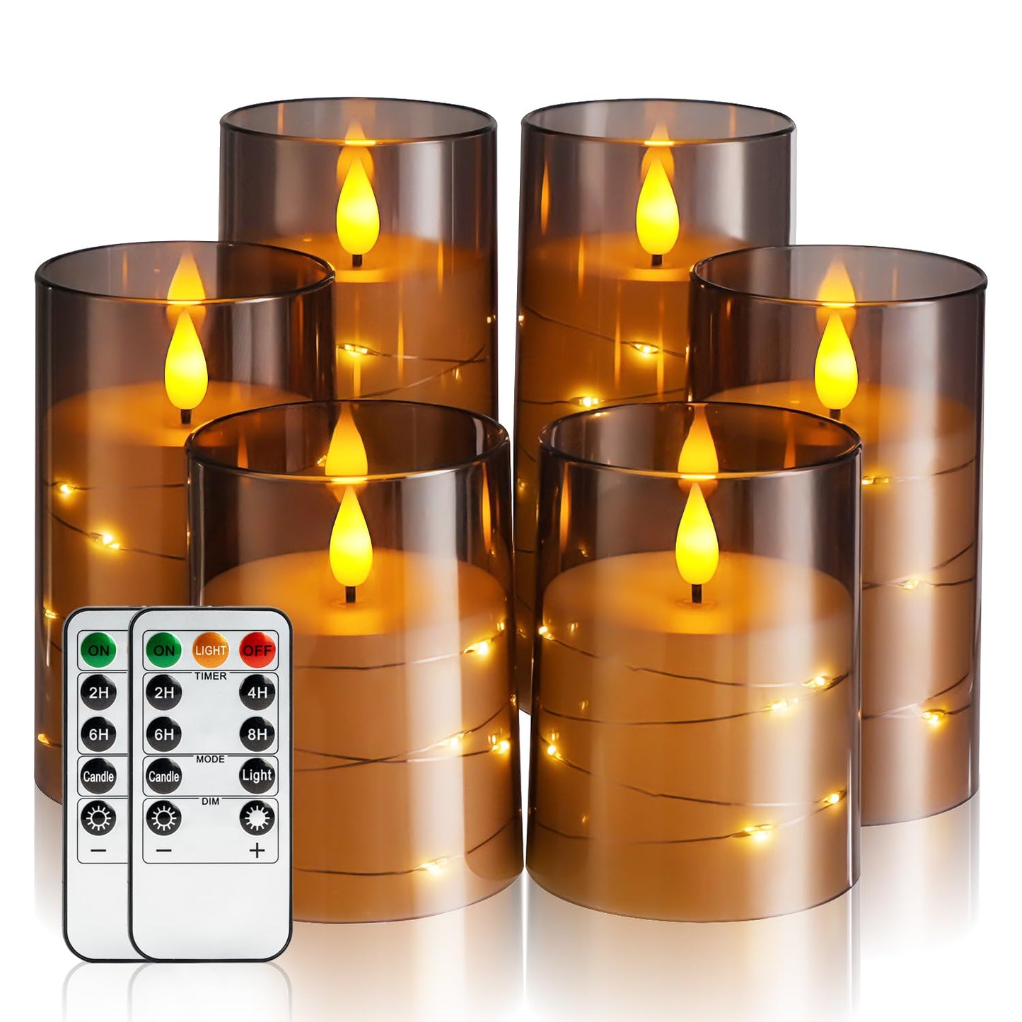 Amagic Grey Battery Operated Candles with Embedded Fairy Lights, Acrylic Fake Pillar LED Flameless Candles with Remote and Timer for Wedding Home Decor, Set of 6, D3 x H4 5" 6"