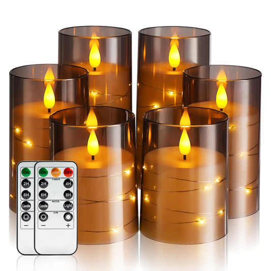 Amagic Grey Battery Operated Candles with Embedded Fairy Lights, Acrylic Fake Pillar LED Flameless Candles with Remote and Timer for Wedding Home Decor, Set of 6, D3 x H4 5" 6"