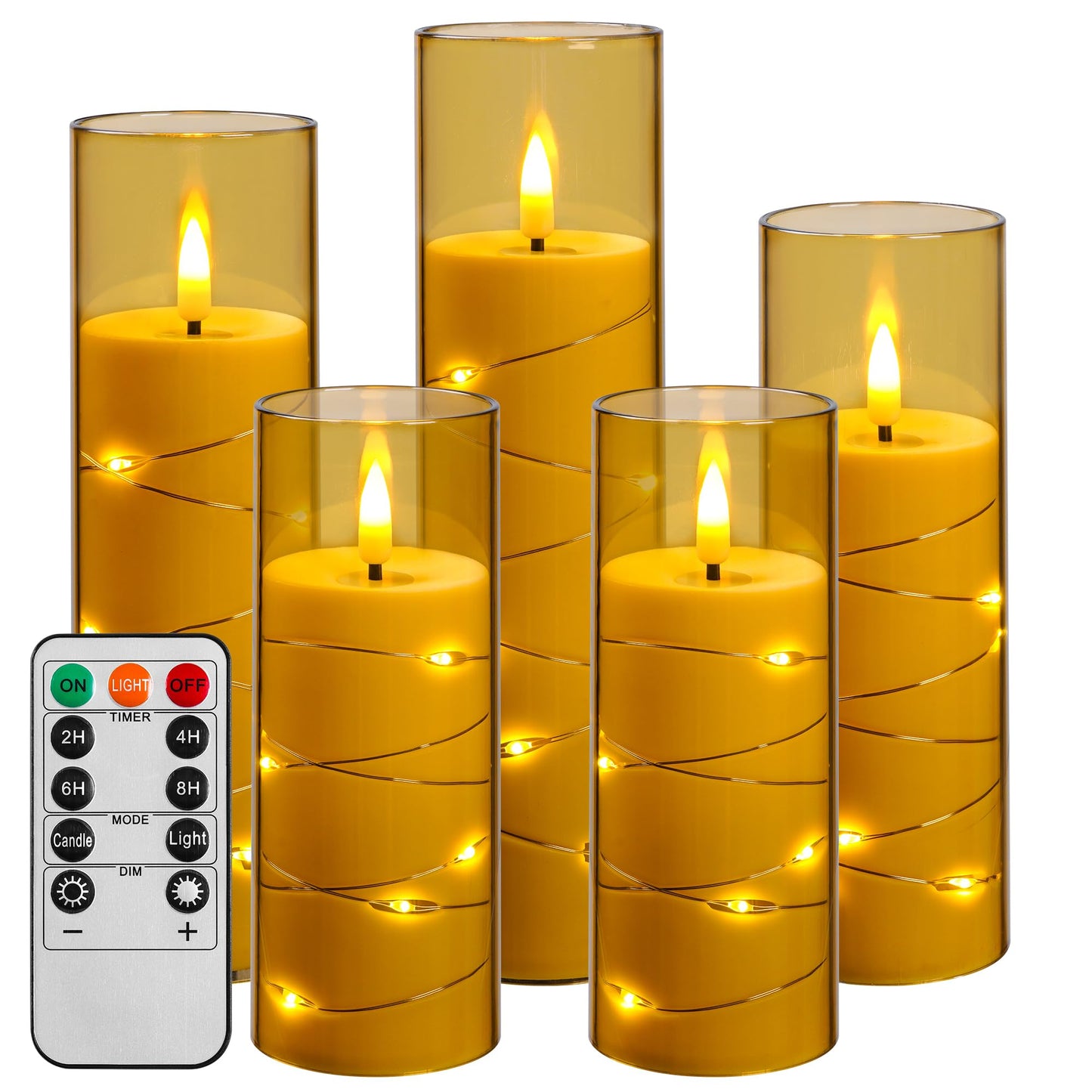 5 Pack Champagne Transparent Acrylic Flameless Taper Candles, Flickering Black Wick LED Candles with Surrounding Fairy String Lights, Heat Resistant ABS Candles with Remote for Indoor Outdoor Decor