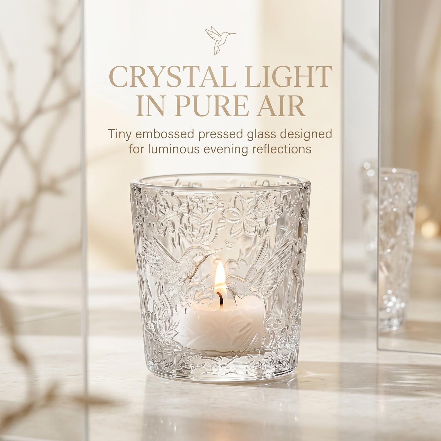 12 Pack Hummingbird Embossed Glass Candle Holders – Votive Tealight Holders with Patent Design, Decorative Embossed Glass Cups for Wedding Centerpieces, Parties, and Home Décor (Crystal Clear)