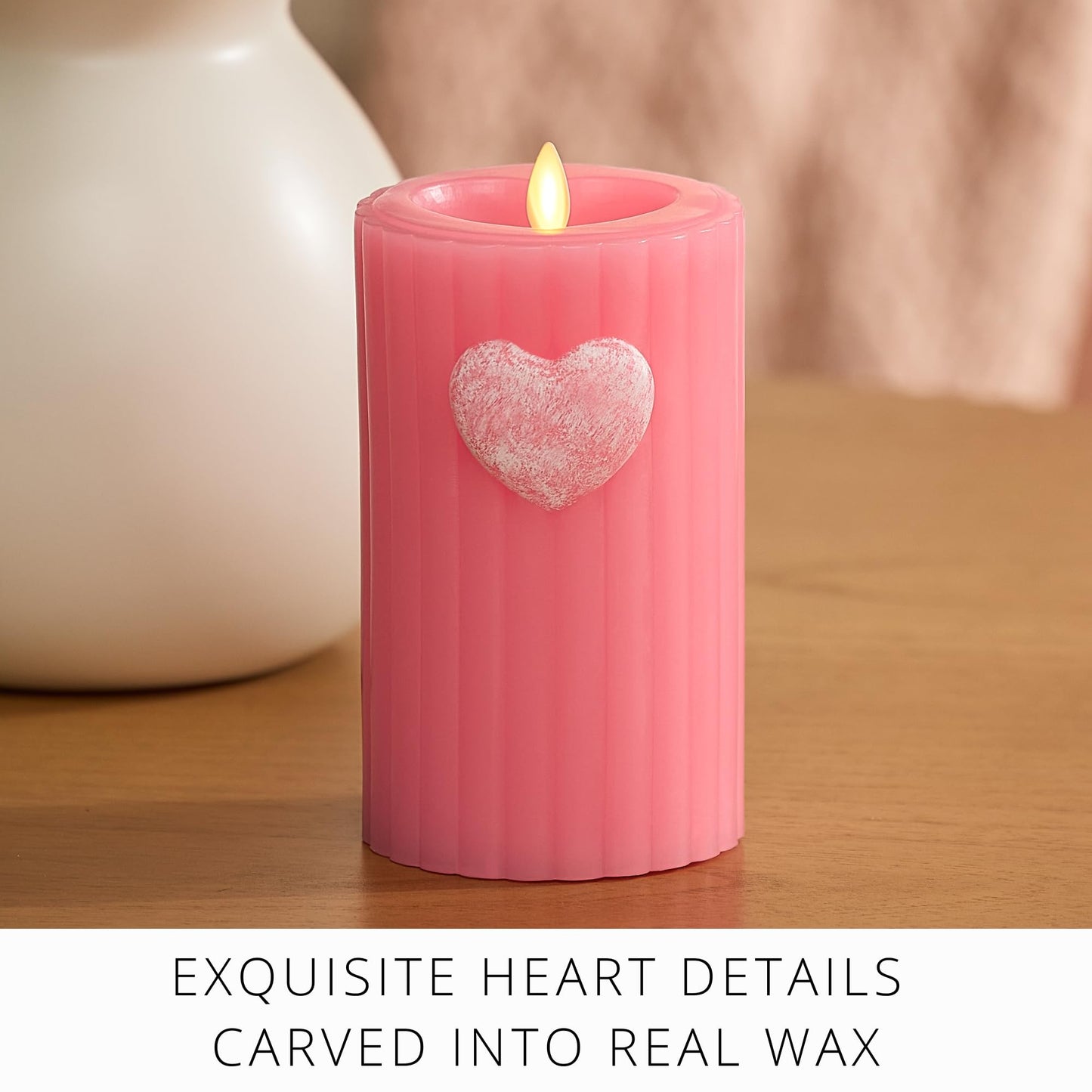 Luminara Flickering Flameless 3.7" x 6.5" Pillar Candle, Battery Operated Remote Ready (Sold Separately) & Timer Function, LED Light, Ribbed Real Pink Wax w/Embossed Heart Design for Valentine's Day