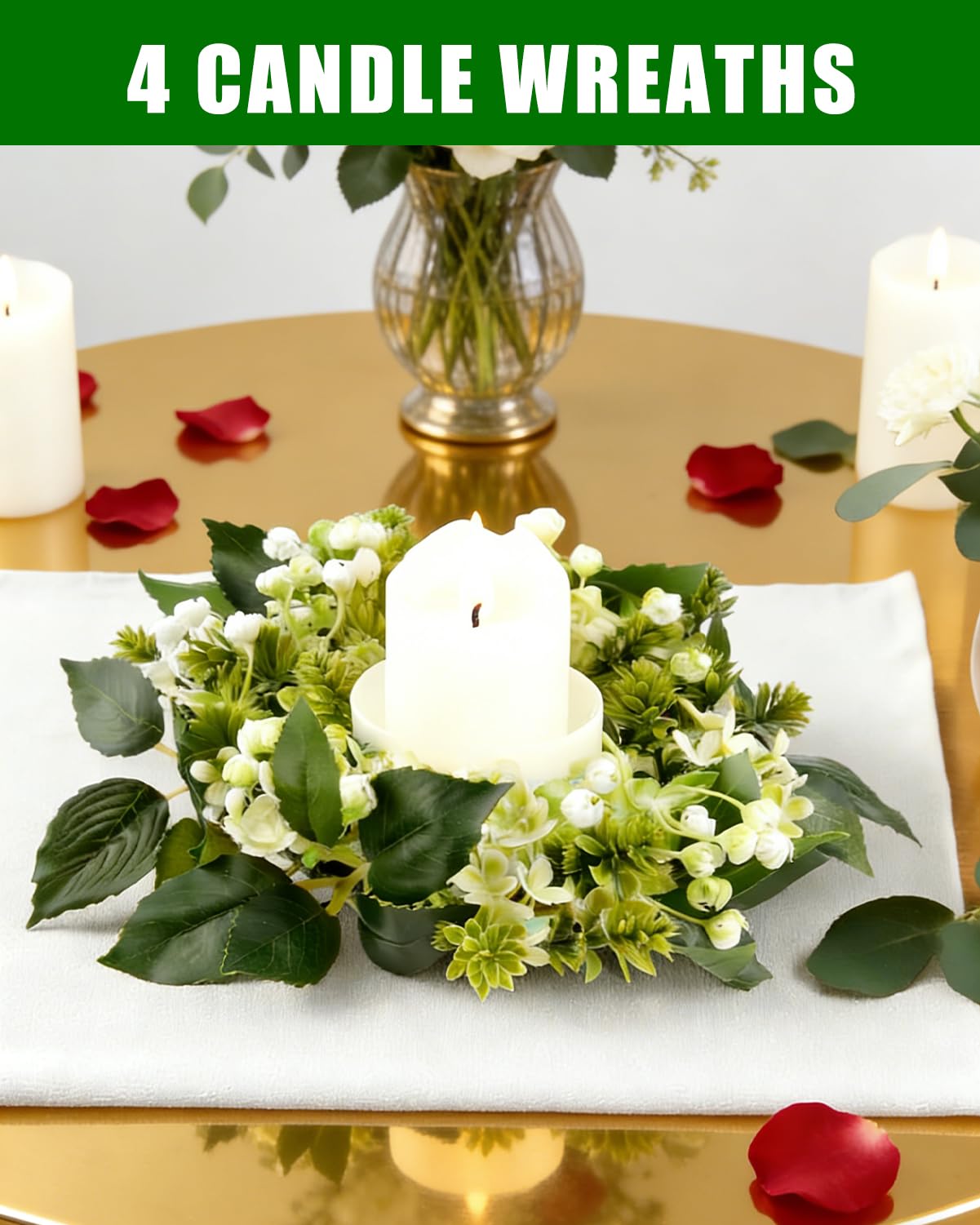 4 Pack Candle Rings Artificial Mini Greenery Wreaths for Candles 3 Inch Center Eucalyptus Floral Wreath for Wedding Centerpieces Party Home Table Window Decor White Green