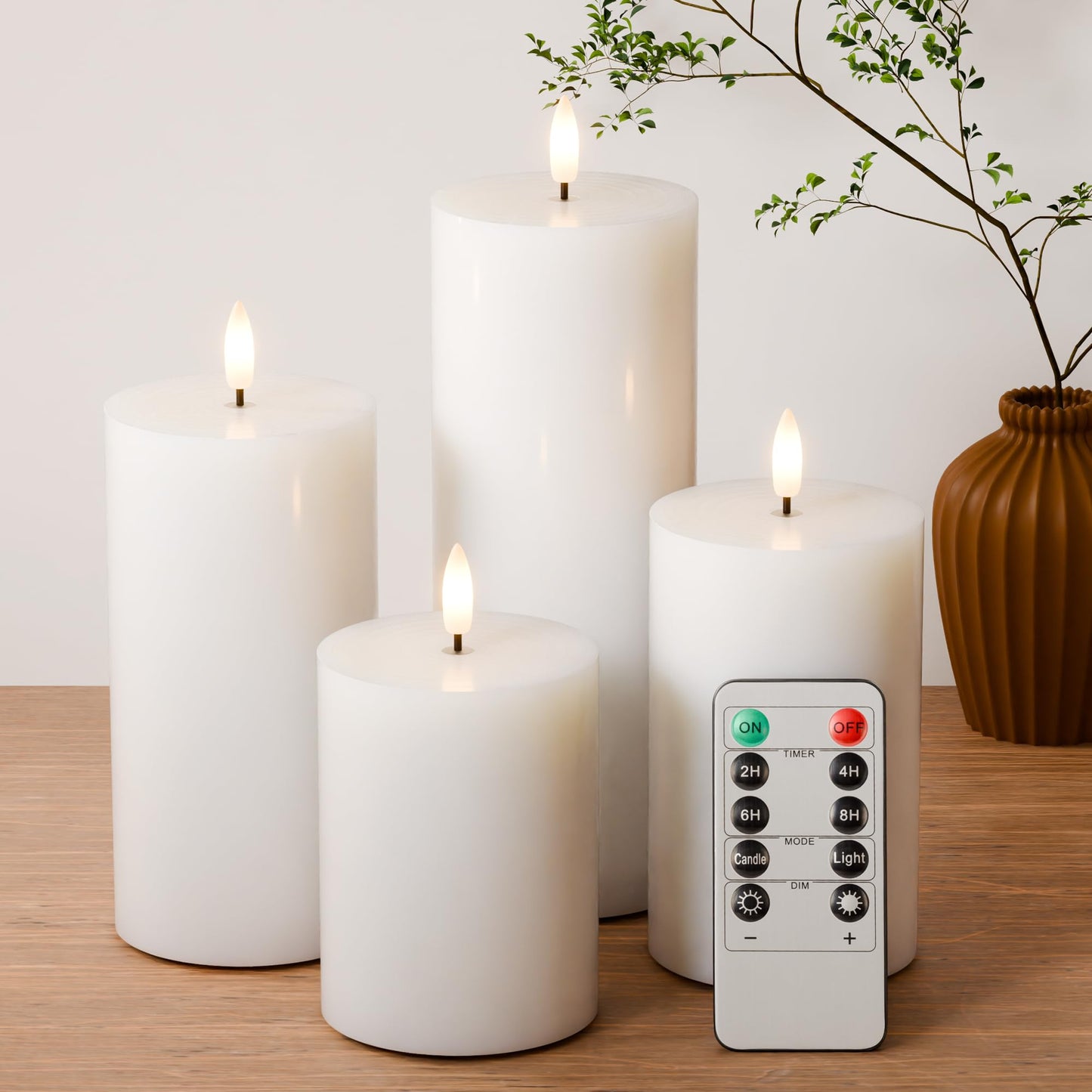 AFINETH White Flameless Pillar Candles, Battery Operated Wax Candles with Remote, Flat Top Flickering Flameless Candles, LED Candle for Home, Wedding, Party Decor, Set of 4, Φ 3" H 4" 5" 6" 8"