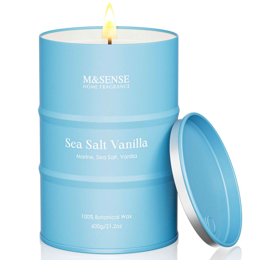 M&SENSE Sea Salt Vanilla Scented Candles Large Beach Candle, Natural Soy Summer Candles 21.2oz 120 Hour Slow Burning,Aromatherapy Candle for Stress Relief Meditation Relaxing