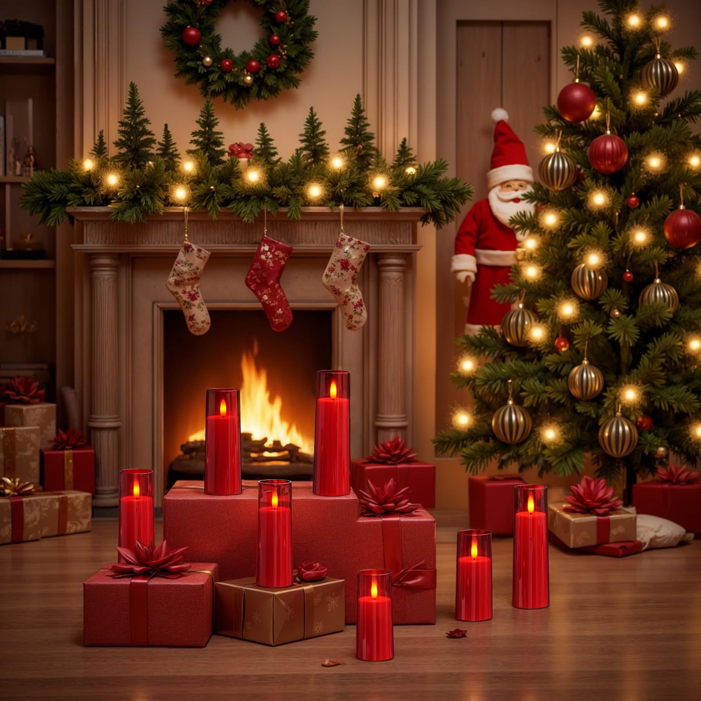 Homemory Decorative Flameless Candles, Battery Operated Candles with Remote & Timer, Flickering Led Pillar Candles, Plexiglass, Red, Pack of 9, D2.2 xH 5" 6" 7"