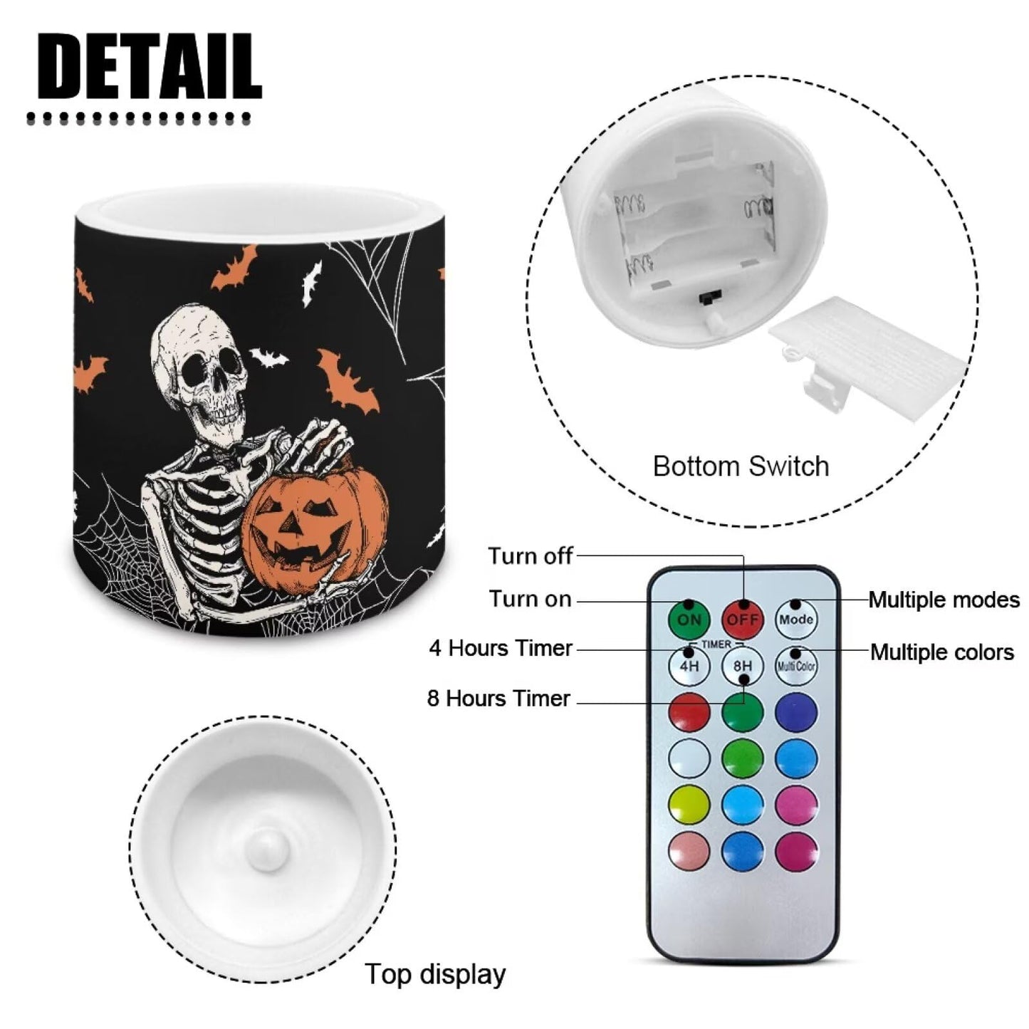 Merkmak Halloween Pumpkin Skeleton Flickering Flameless Candles with Remote Battery Operated Candles with Timer Control LED Pillar Tea Lights for Indoor Outdoor Banquet Party Home Decorations