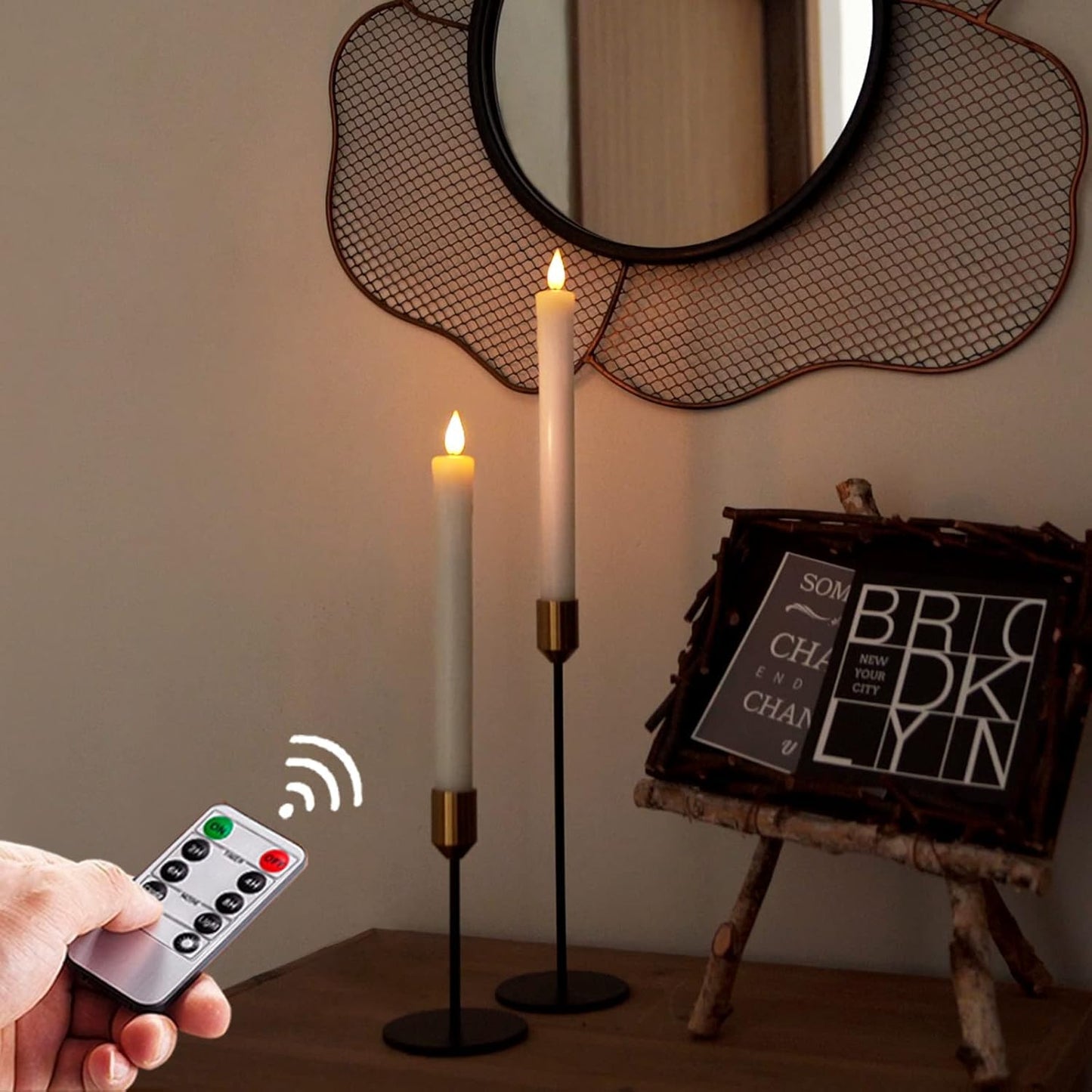 Homemory Real Wax Flameless Taper Candles with Remote Timer, 9.6 Inches White LED Flameless Candlesticks, Dripless Battery Operated Window Candles Flickering Pack of 2 for Fireplace Xmas Halloween