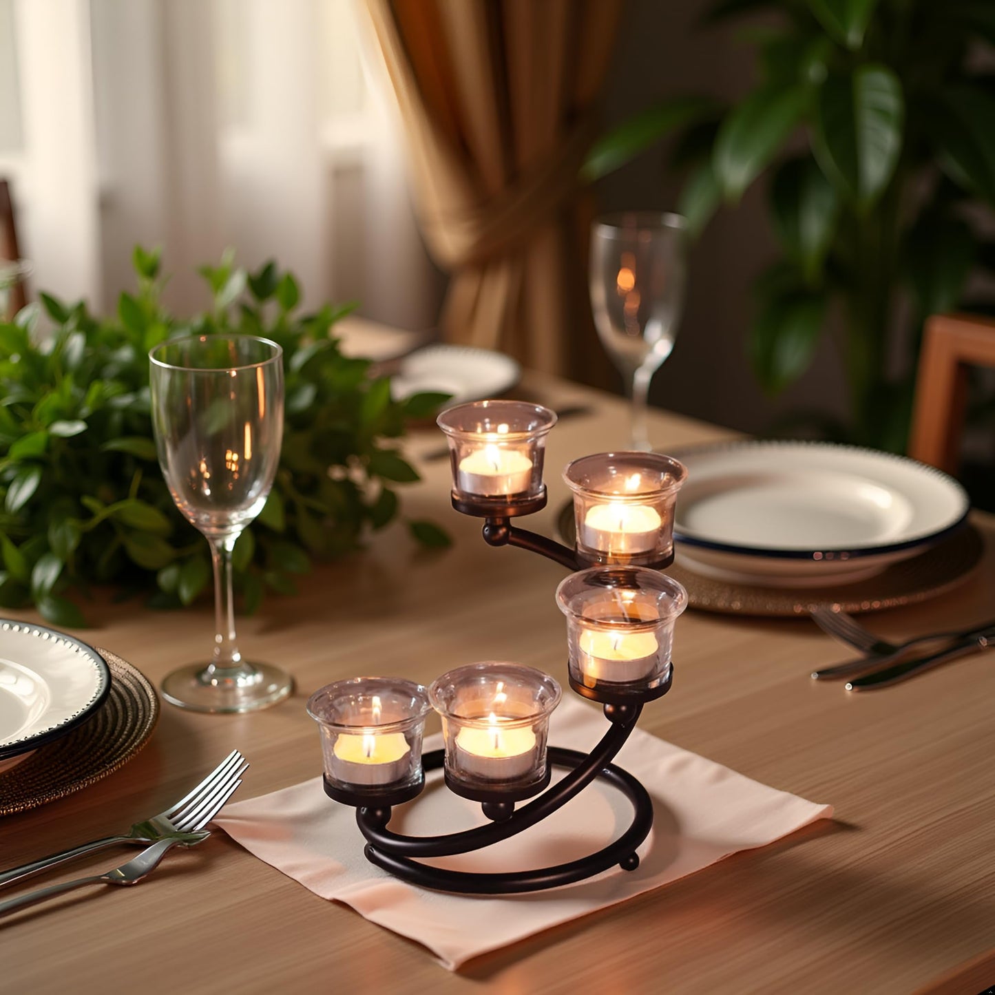 Kolnlala 1PC Clear Chunky 5 Cups Metal Tea Light Candle Holders for Table Centerpiece, Glass Votive Tealight Holders/Candelabra Candlestick Holders for Wedding,Party, Anniversary,Christmas(Black)