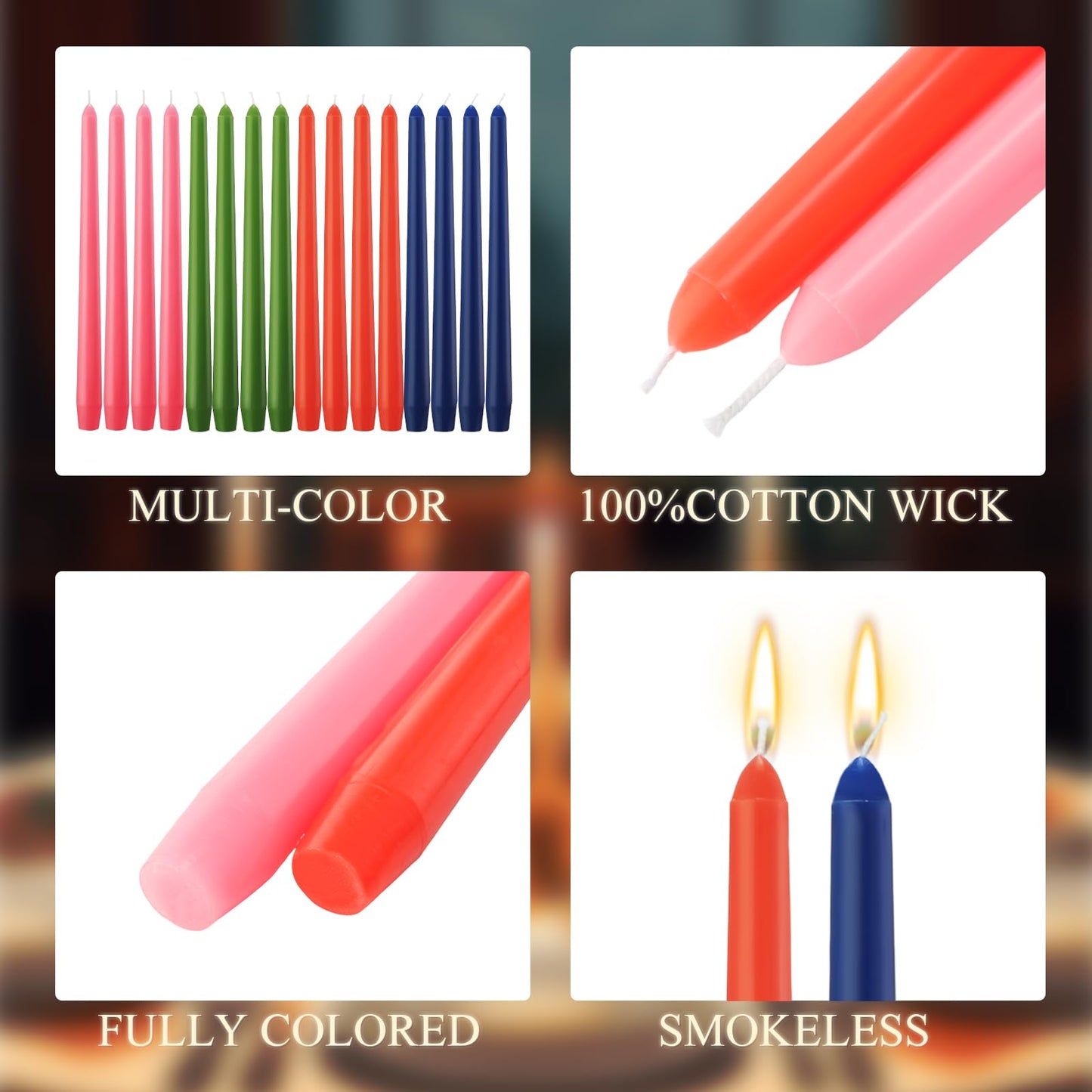 MTLEE 16 Pcs 10 Inch Long Tapered Candle Stick Bulk Smokeless Unscented Burning Candlestick Paraffin Wax with Cotton Wick for Valentine's Day Baby Shower Wedding Holiday Party Church (Multicolored)