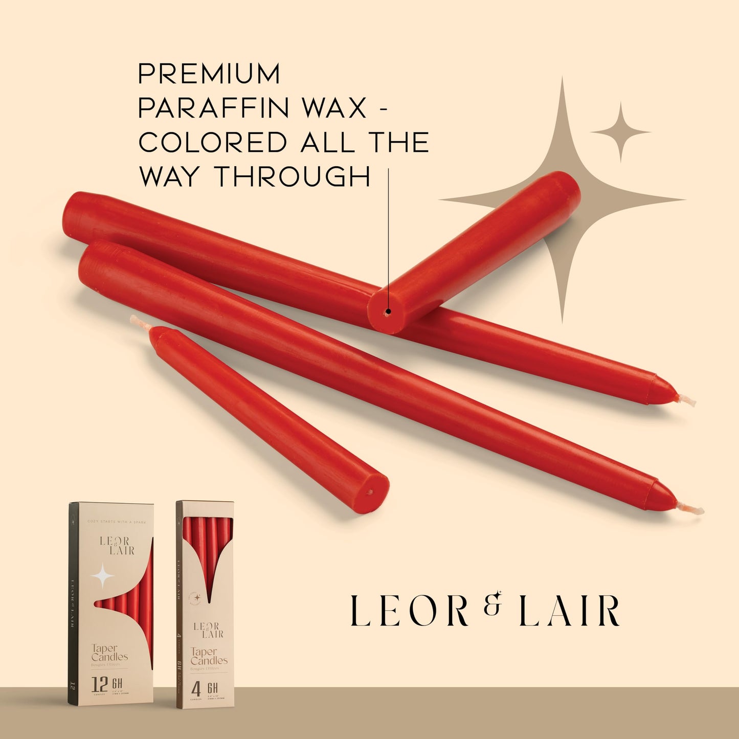 Leor & Lair Red Taper Candles - 4 Pack 10" Christmas Candlesticks - Unscented Long Burning Red Candles for Valentine’s Day, Christmas, Dinner Table, Weddings, Restaurants & Business Events