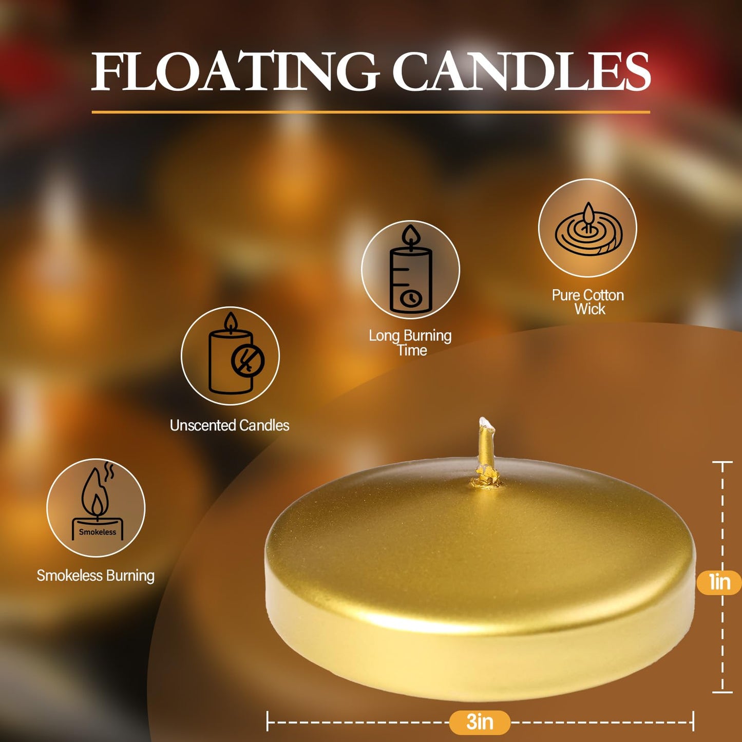 3 inch Floating Candles 36 Packs Gold Floating Candle for Centerpieces 8-9 Hours Floating Candles 3” Water Candles for Cylinder Vases, Pool, Wedding, Mother's Day