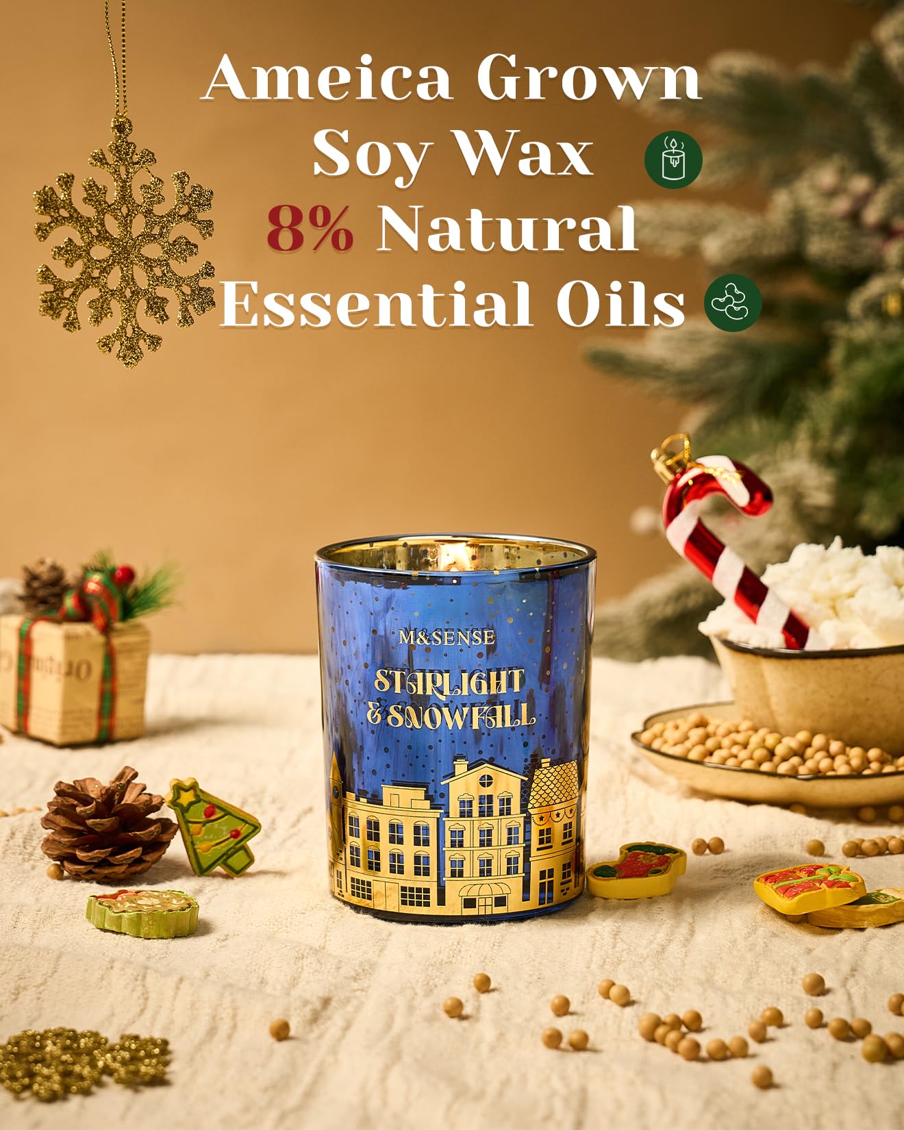 M&SENSE Sandalwood Lily Scented Winter Candle Natural Soy Wax 18oz 100 Hours Clean Non Toxic Burn, Cracking Wooden Wick Large Gift for Holiday Family Friends