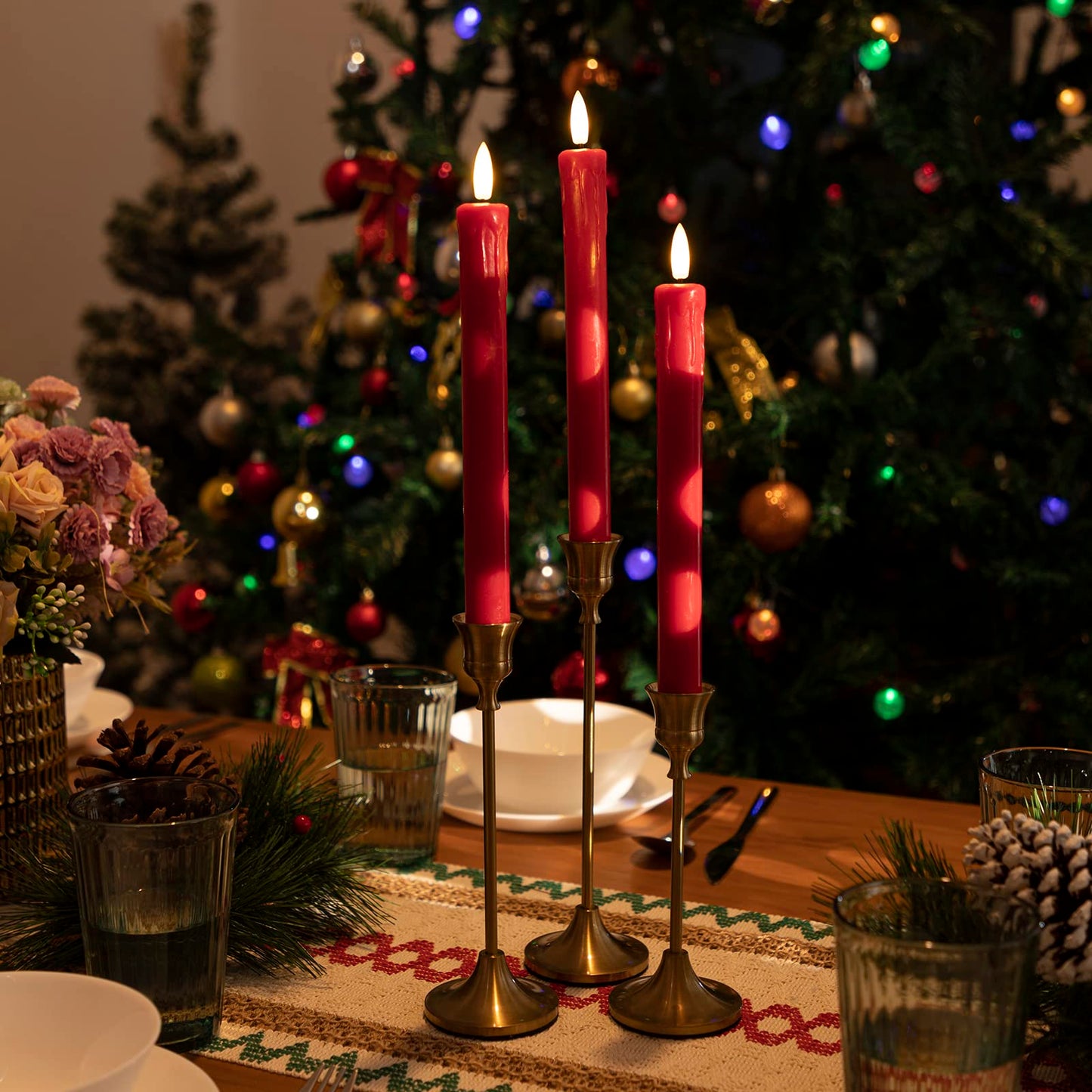 JOIONE Flameless Taper Candles with Remote Timer, 9.6" Red Real Wax Flickering Battery Operated Warm Light Electric LED Candle, Perfect for Christmas Party Wedding Decoration (6 Pack)
