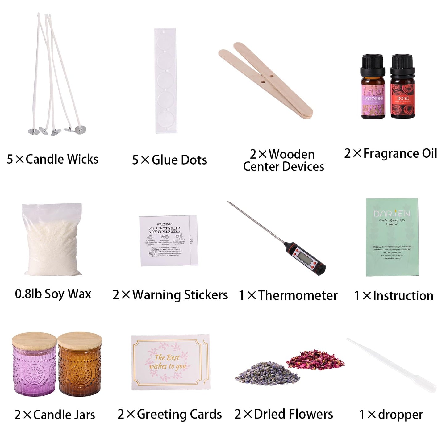 DARJEN Candle Making Kits for Adults- Soy Candle Making Supplies with 2 Candle Jars(Purple, Amber), Wax, Scents, Card & More, DIY Starter Candle Making Kit, Full Set DIY Arts & Crafts Gift