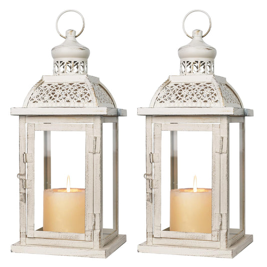 DECORKEY Lantern Decorative Indoor&Outdoor, 2 Pack 14.4'' Large Metal Candle Lanterns, Vintage Hanging Candle Holders for Farmhouse Wedding Front Porch Patio, Halloween Christmas Decorations for Home