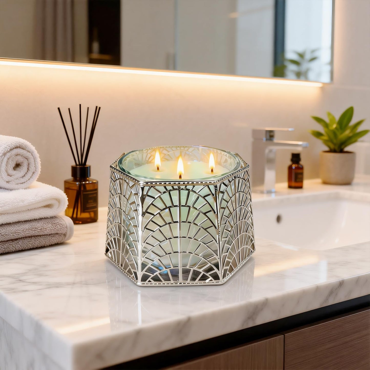 Dorephine 3 Wick Candle Holder, Shell Design Candle Jar Holder for 4-Inch Diameter Jars (5.25" D x 3.5" H), Rose Gold Metal, Coastal Decor