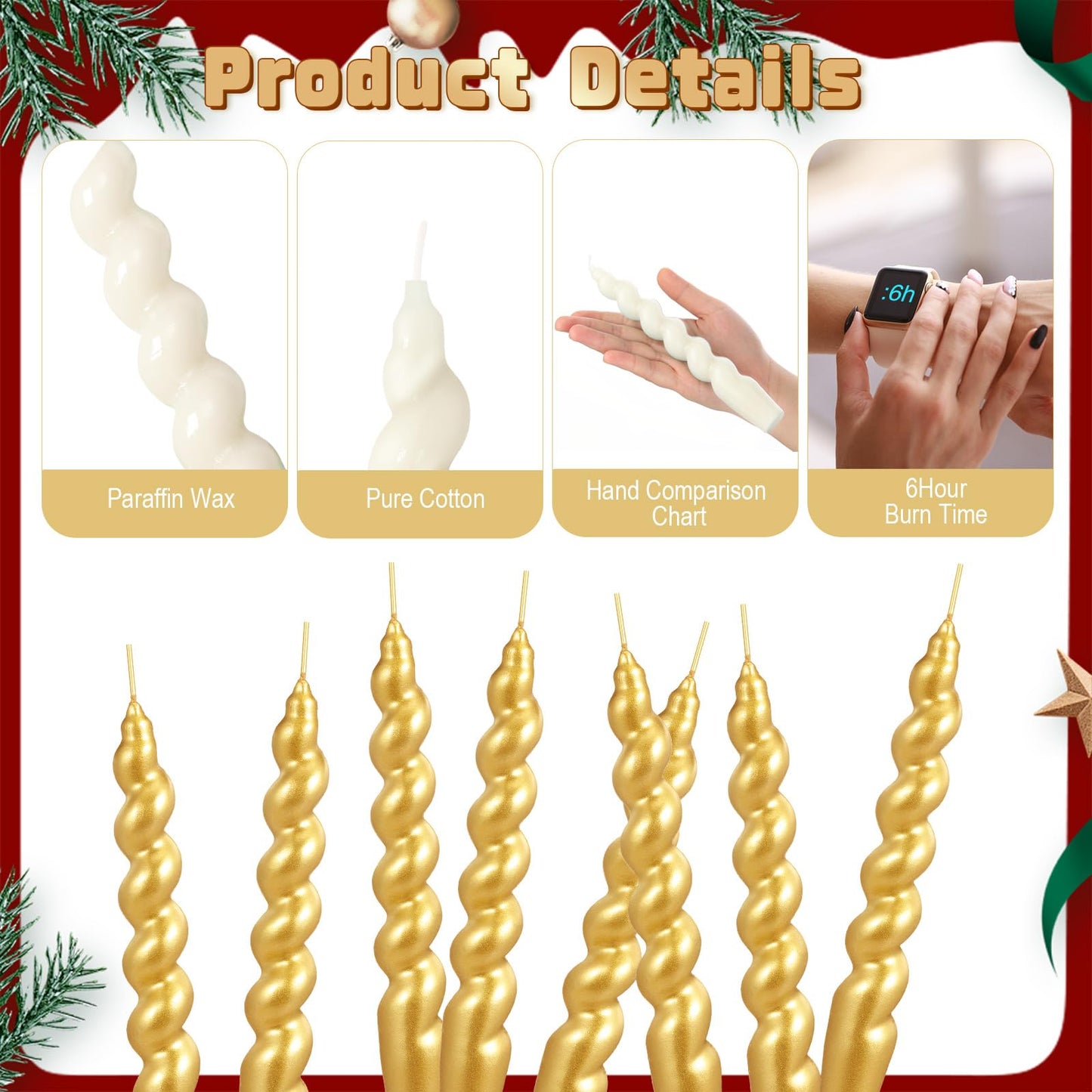 Zhengmy 4 Pcs Gold Spiral Taper Candle 7 Inch Twisted Long Wax Dinner Candlestick for Fall Halloween Christmas Holiday Valentines Wedding Birthday Baby Shower Table Decor(Solid)
