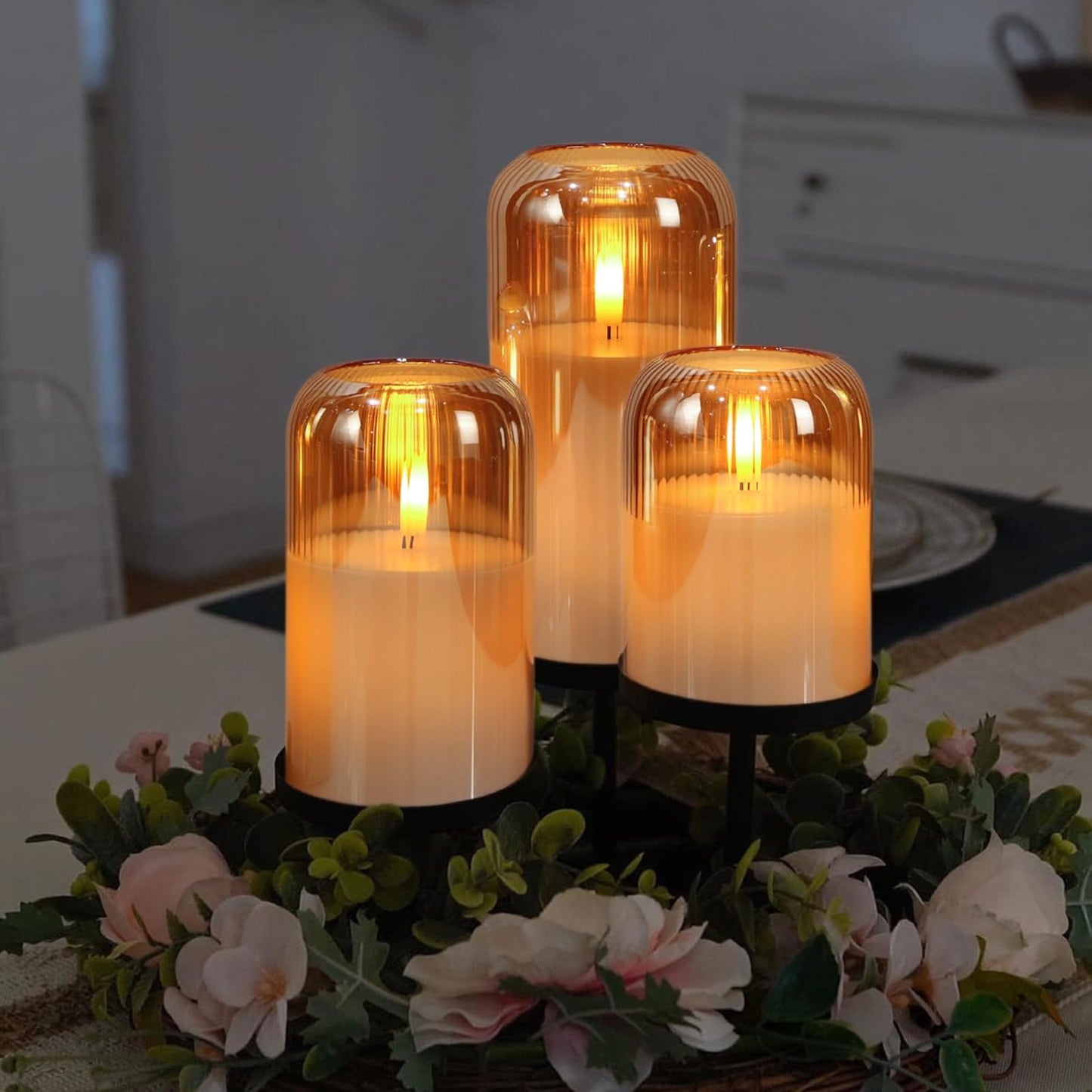 DRomance Glass Flameless Candles with Remote and Timer Battery Operated 3 Pack Real Wax Striped Gold LED Flickering Pillar Candles Dinner Wedding Halloween Christmas Holiday Decor(3" D x 4",5",6" H)