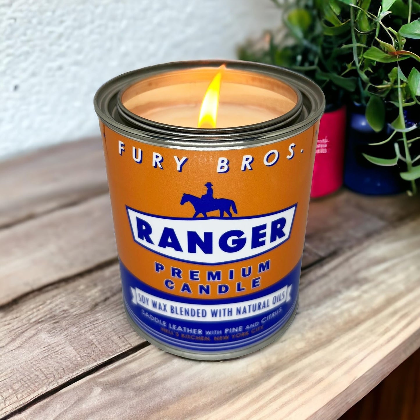 Fury Bros. Scented Candles for Men | Ranger | Saddle Leather Pine Citrus | Natural Soy Wax | Hand-Poured in the USA | Long 70-80 Hour Burn (12.5 oz) | Vintage-Inspired Tin Design | Dad Home Gift