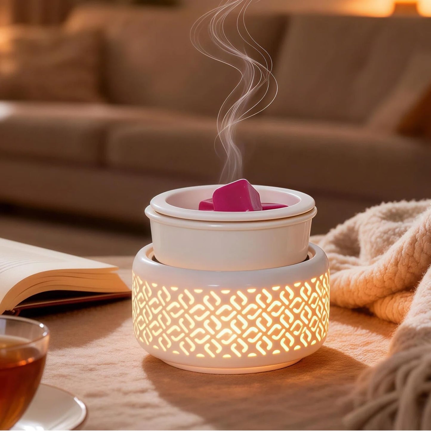 Ceramic Candle Warmer and Wax Melt Warmer with 7 Colors LED Night Light and 1 PC Silicone Liner,4-in-1 Electric Warmer for Jar Candle Wax Cube Essential Oil Coffee, Ideal Gift for Home Office Kitchen