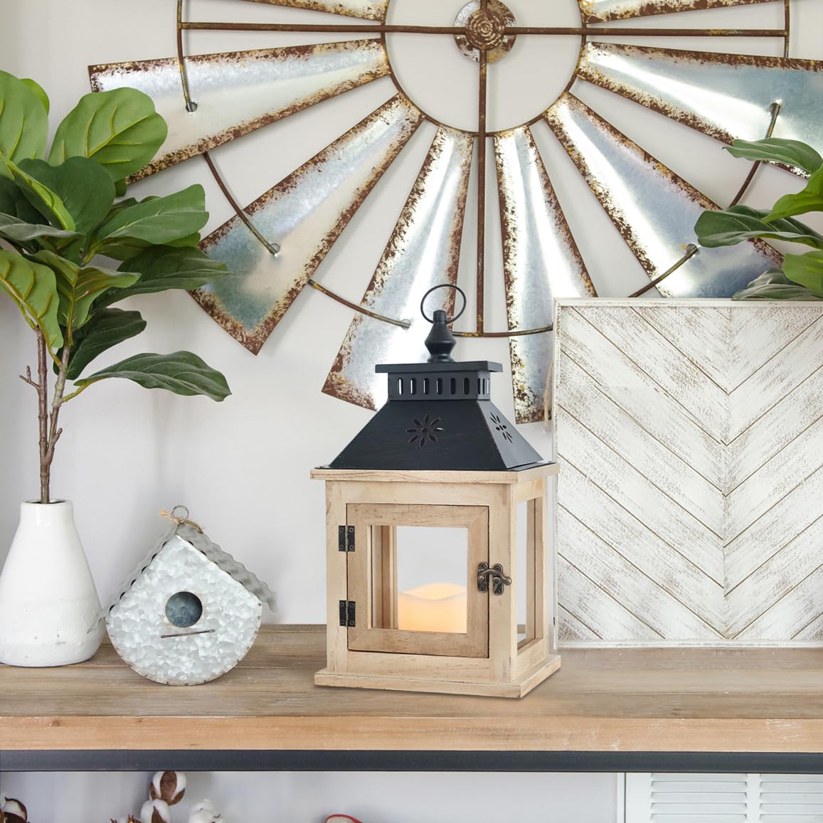 NEEDOMO 13" Farmhouse Decor Wooden Candle Lantern Indoor, Large Table Centerpiece Lanterns Decorative Outdoor, Hanging Rustic Candle Holders for Shelf Wedding Living Room Patio