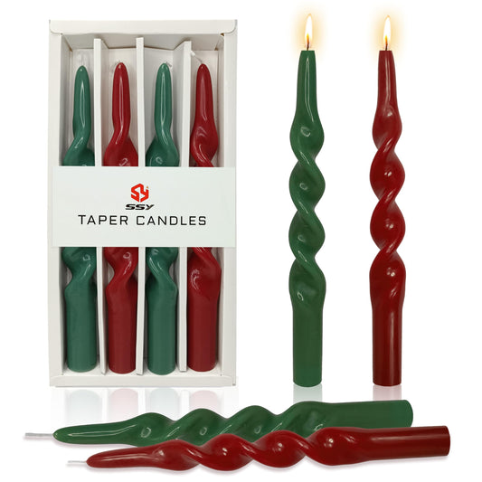 Spiral Taper Candles Set of 4, Red Green 10 Inch Handmade Candle Stick, Unscented Candlesticks, Tapered Candles for Christmas Holiday Dinner Table Decor Gift