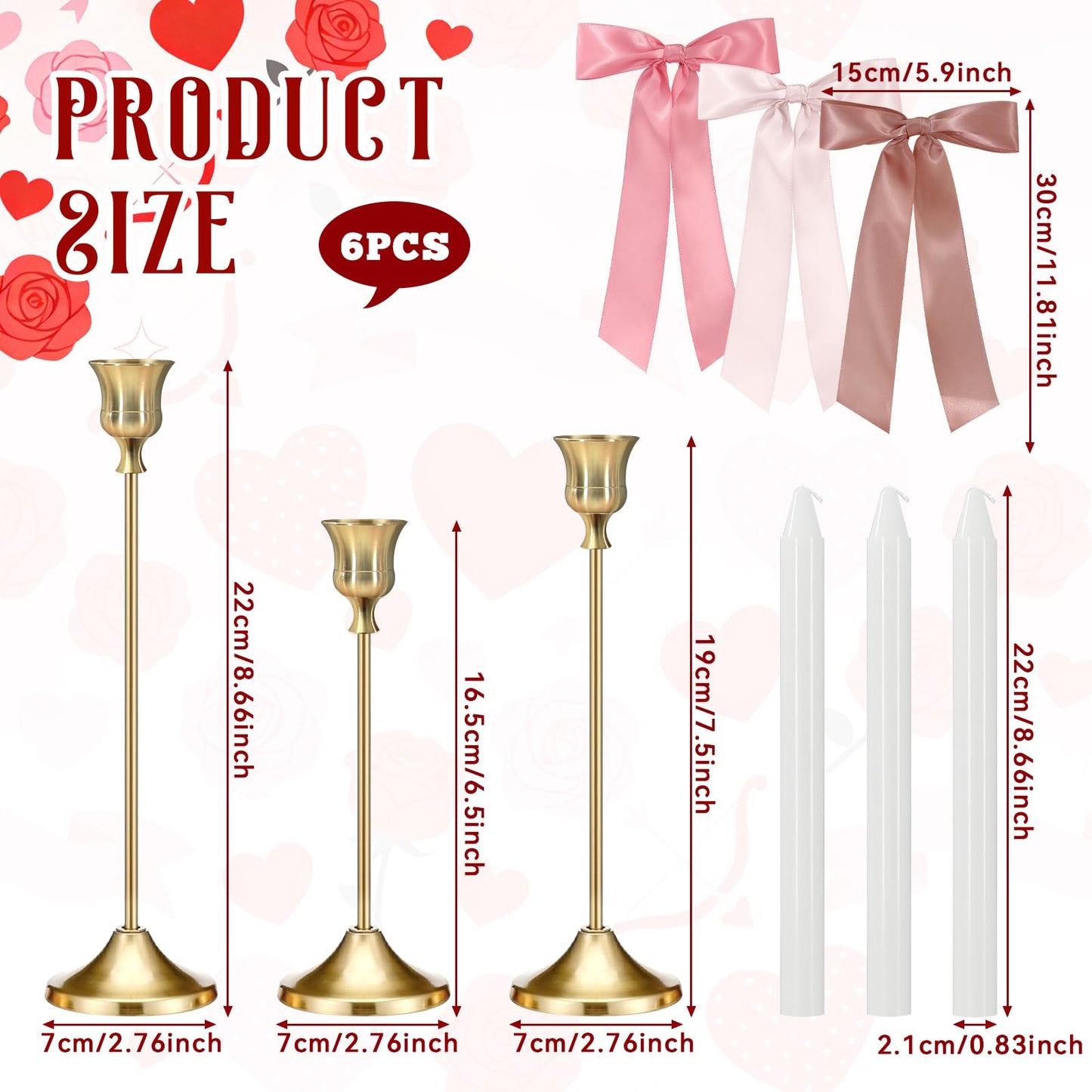 JarThenaAMCS 6Pcs Candle Stick Holders with Candles Satin Ribbon Bows Gold Metal Taper Candle Holders for Bride Shower Wedding Party Fireplace Table Centerpiece Decor