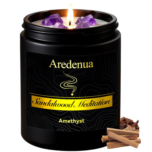 Aredenua Candle for Meditation and Spiritual Practice - Sandalwood Aromatherapy Candle with Amethyst Healing Crystal, Natural Soy Wax Scented Candle for Yoga Mindfulness, 7oz Long Lasting, Zen Gift