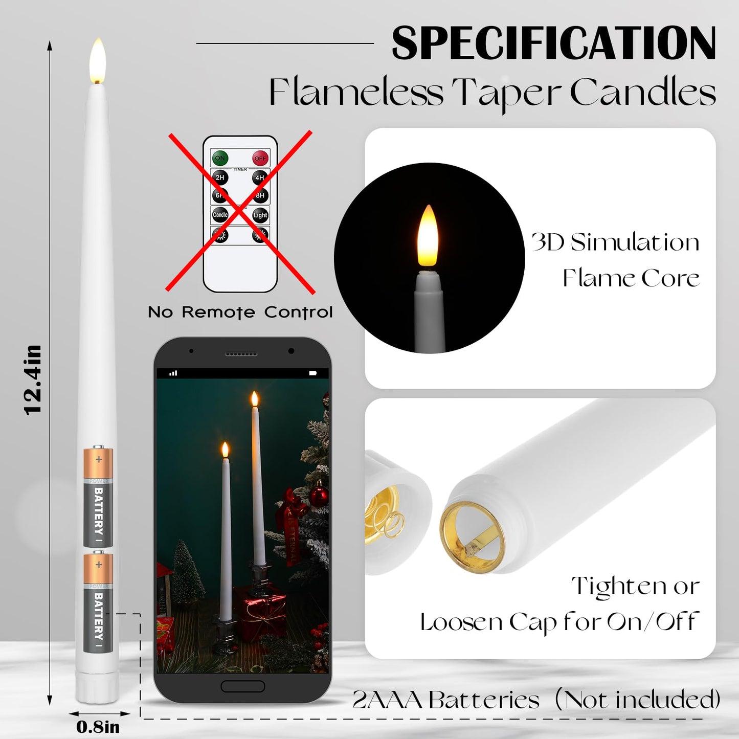 Baquler 100 Pcs Extra Long Flameless Taper Candles 12.4 inch Battery Operated Taper Candle Bulk LED Flickering White Candlesticks for Wedding Church Table Centerpiece Halloween Christmas Party Decor